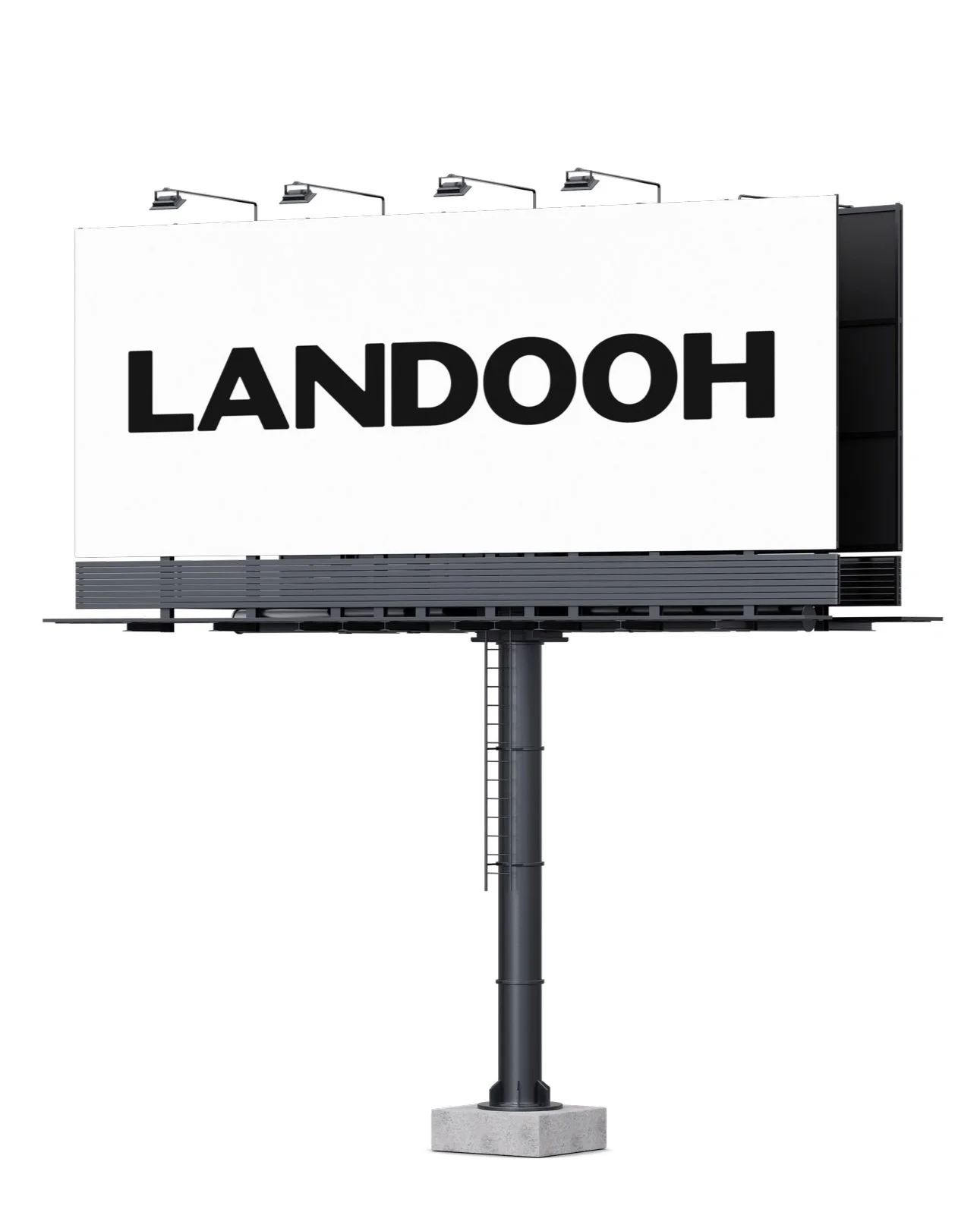 A black and white billboard on a pole displaying the word 'LANDOOH' in bold black letters.