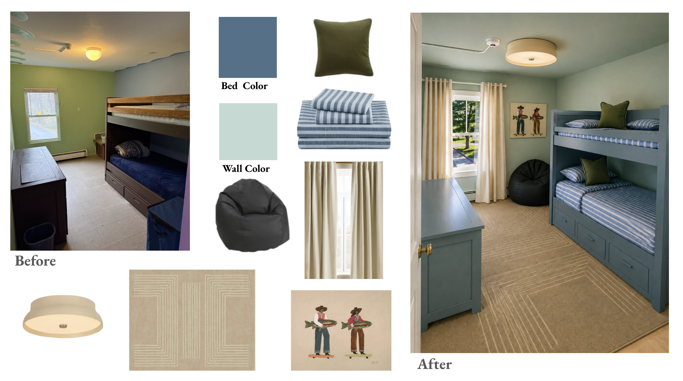Comparison of a child's bedroom before and after redecorating. The 'before' room has green walls, a wooden bunk bed with dark bedding, and beige carpet. The 'after' room has light blue walls, matching bunk beds with striped bedding, a light blue dresser, and a patterned rug, with light curtains and artwork on the wall. Color swatches and fabric samples are included for color coordination.