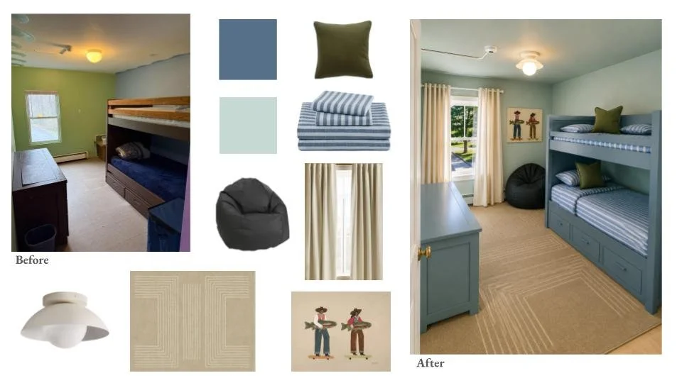 Comparison of a child's bedroom before and after redecorating. The 'before' room has green walls, a wooden bunk bed with dark bedding, and beige carpet. The 'after' room has light blue walls, matching bunk beds with striped bedding, a light blue dresser, and a patterned rug, with light curtains and artwork on the wall. Color swatches and fabric samples are included for color coordination.