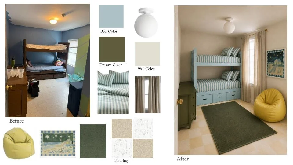 Collage of two bedrooms with blue and yellow decor. The left bedroom has a bunk bed, a window with blue curtains, and a dresser. The right bedroom features a bunk bed with drawers underneath, a window with blue curtains, a blue cabinet, a yellow bean bag, and a green rug.