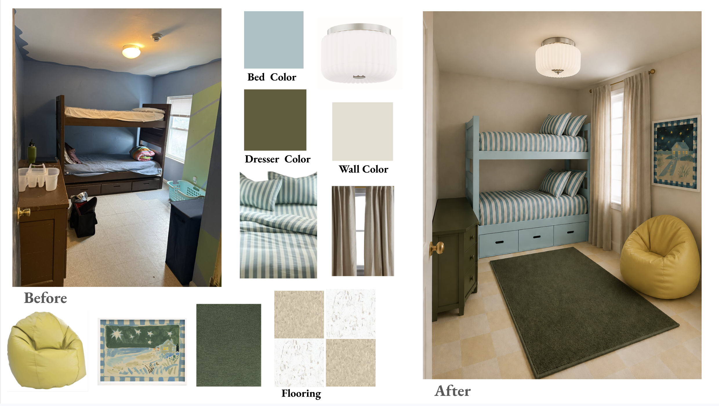 Collage of two bedrooms with blue and yellow decor. The left bedroom has a bunk bed, a window with blue curtains, and a dresser. The right bedroom features a bunk bed with drawers underneath, a window with blue curtains, a blue cabinet, a yellow bean bag, and a green rug.