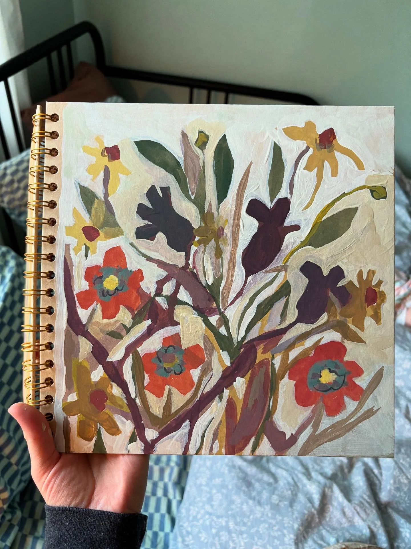My body has been really tired from being a full time parent. I took time to paint the cover of this future family scrapbook. Three purple flowers. One for each person in my little family. Despite being tired, I still want to document the days. Wish m