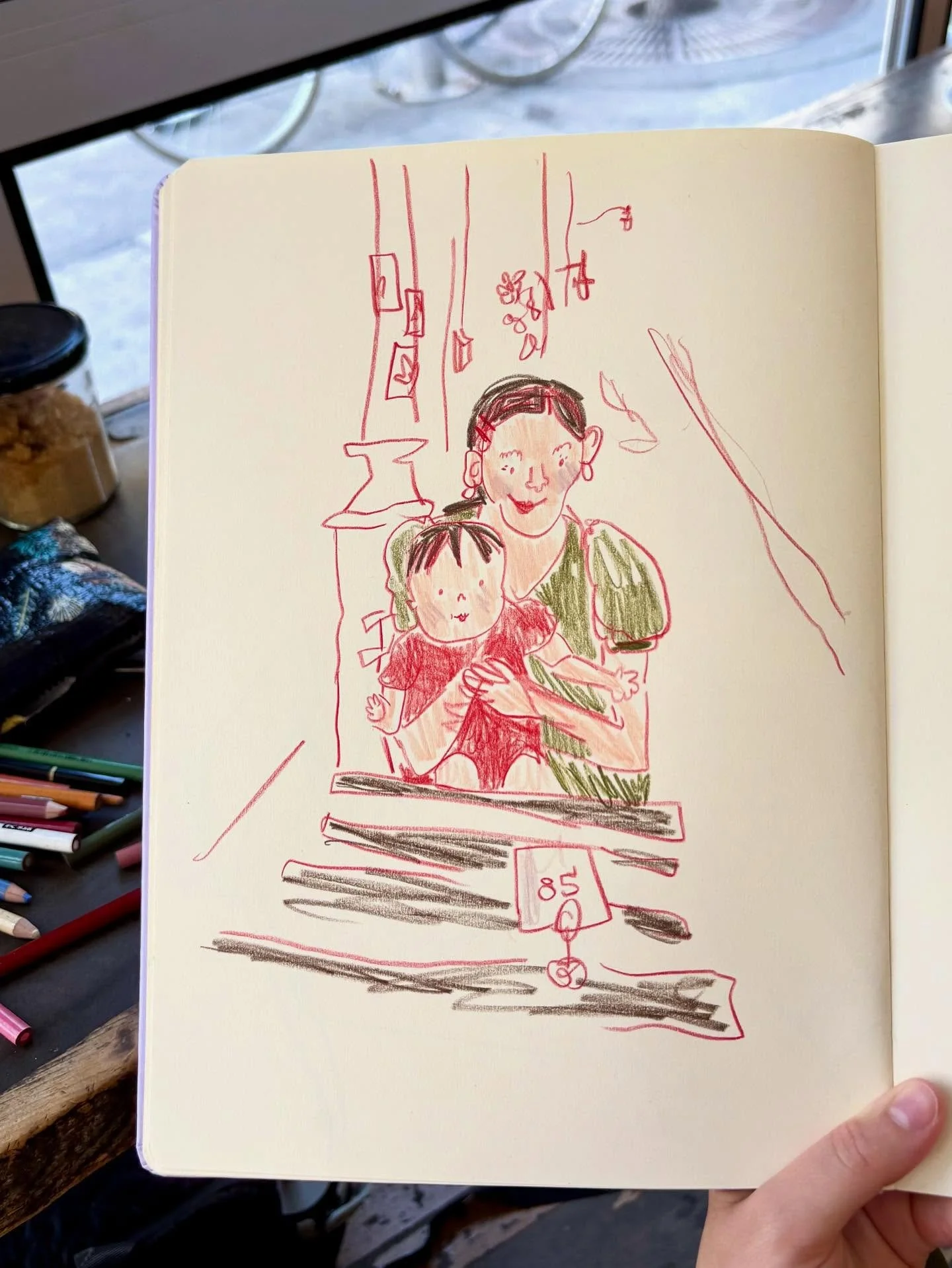 I need to lean in more to simple daily sketches. Here&rsquo;s one based on Cleo and I. Swipe to see pics from our travels 🌿🍃#travel #art #artist #illustration #momlife #mom #childrensbook