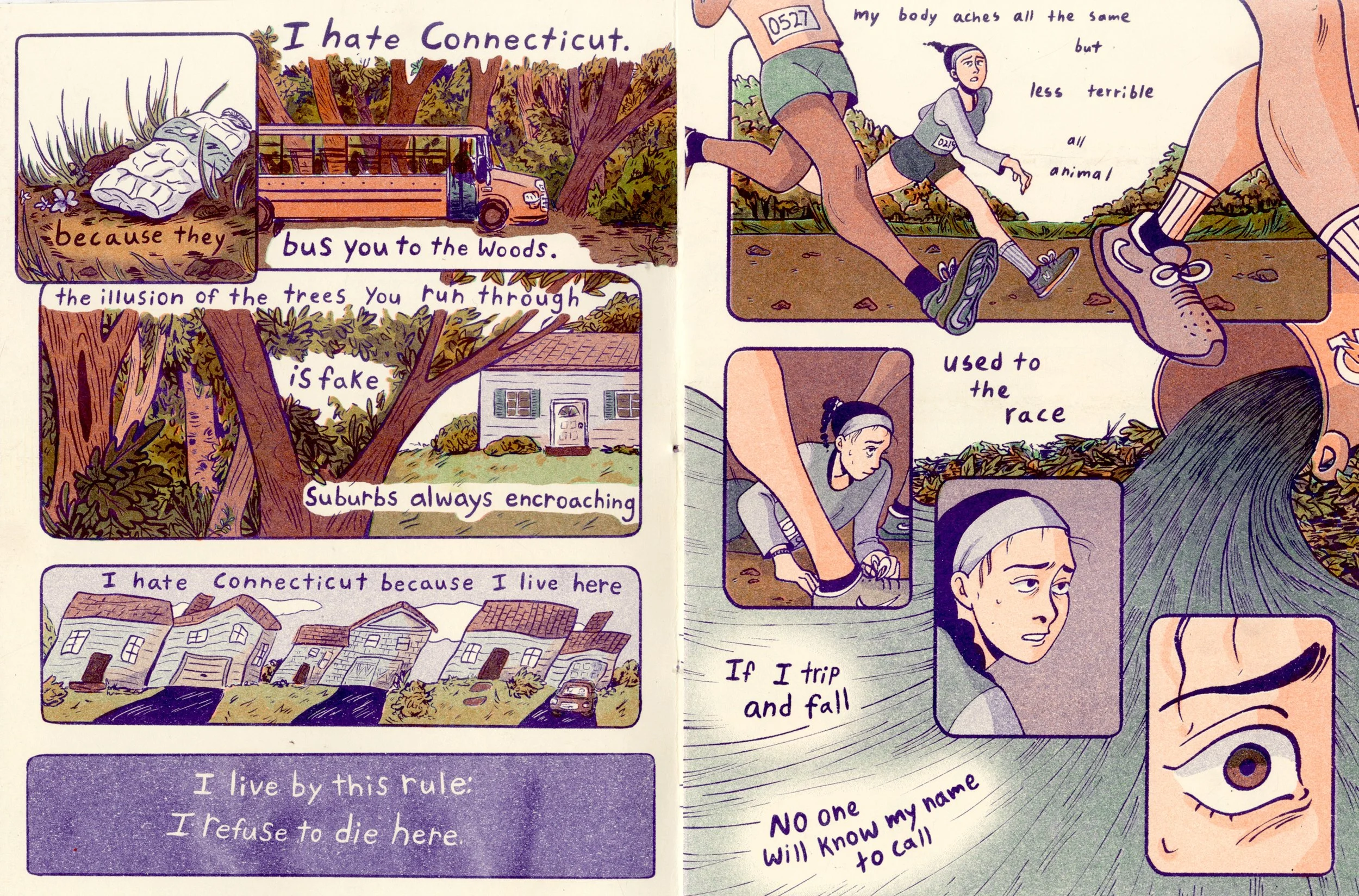 Left page: linework and lettering Aya Borucki, coloring Madison Tom
Right page: linework and coloring Madison Tom, background lines Aya Borucki