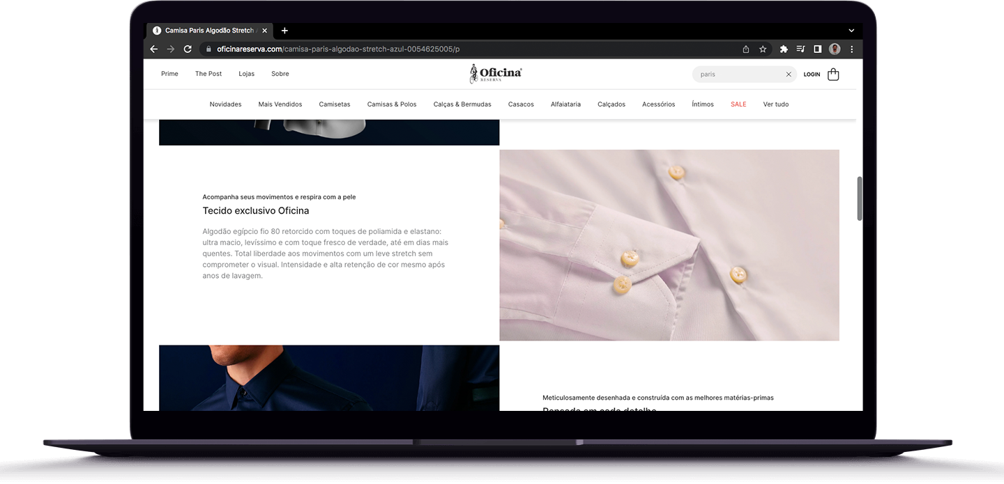 Tecido exclusivo _____ Acompanha seus movimentos e respira com a pele _____ OficinaAlgodão egípcio fio 80 retorcido com toques de poliamida e elastano: ultra macio, levíssimo e com toque fresco de verdade, até em dias mais quentes. Total liberdade ao