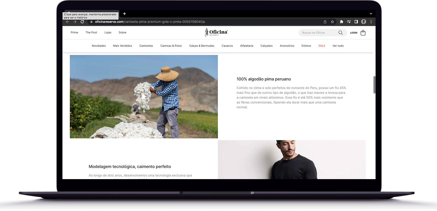 100% algodão pima peruano _____ Colhido no clima e solo perfeitos do noroeste do Peru, possui um fio 45% mais fino que de outros tipo de algodão, o que traz maciez e leveza para a camiseta em níveis altíssimos. Esse fio é até 50% mais resistente que 