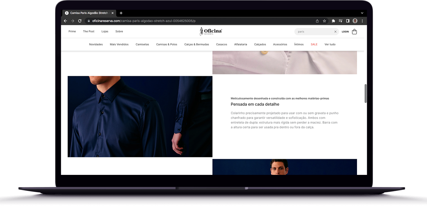 Pensada em cada detalhe _____ Meticulosamente desenhada e construída com as melhores matérias-primas _____ Colarinho precisamente projetado para usar com ou sem gravata e punho chanfrado para garantir versatilidade e sofisticação. Ambos com entretela