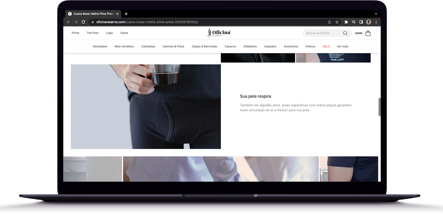 Sua pele respira _____ Também em algodão pima, áreas específicas com malha piquet garantem maior circulação de ar e frescor para sua pele.

