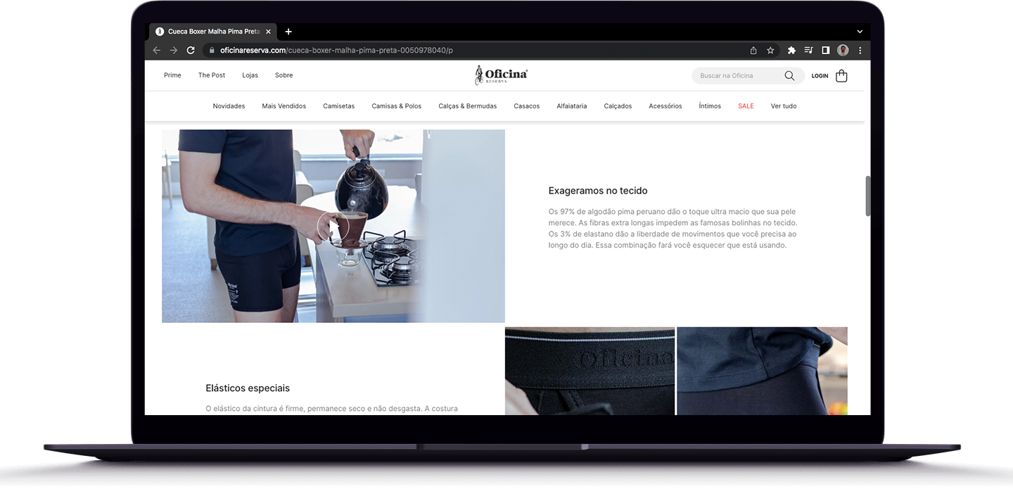 Exageramos no tecido _____ Os 97% de algodão pima peruano dão o toque ultra macio que sua pele merece. As fibras extra longas impedem as famosas bolinhas no tecido. Os 3% de elastano dão a liberdade de movimentos que você precisa ao longo do dia. Ess