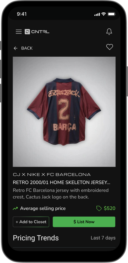 Back of a vintage FC Barcelona home skeleton jersey with embroidered crest and Cactus Jack logo, in red and navy blue colors.