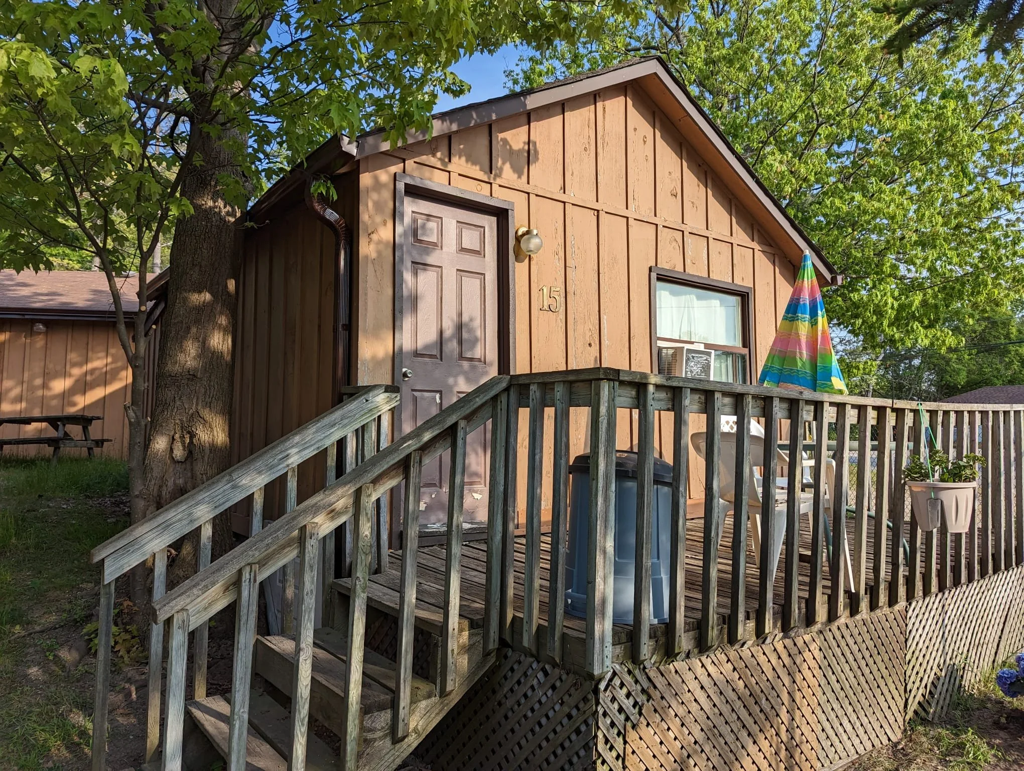 A small wooden house with a deck, a tree on the left, and a colorful umbrella on the right, under green leafy trees.