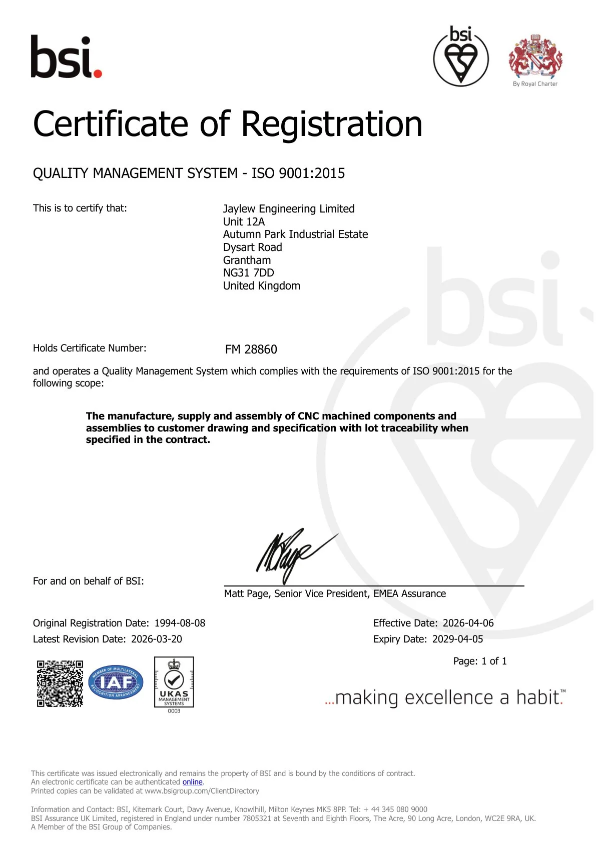 Certificate of registration for Jaylew Engineering Limited, issued by BSI, for ISO 9001:2015 quality management system, with signatures, logos, and registration details.