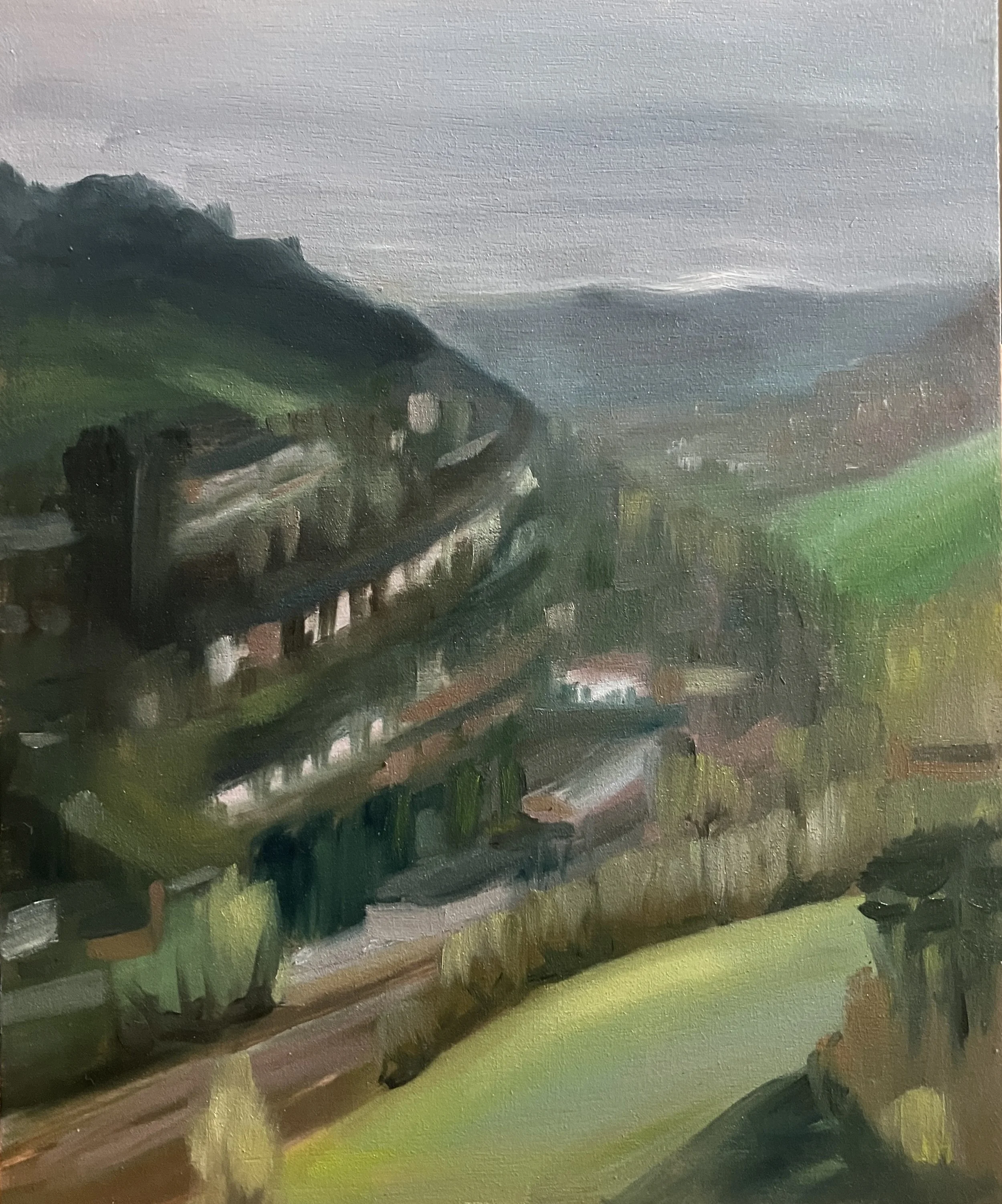 Misty Golden Valley  oil on wood panel 8" x 10" in white wood frame £170