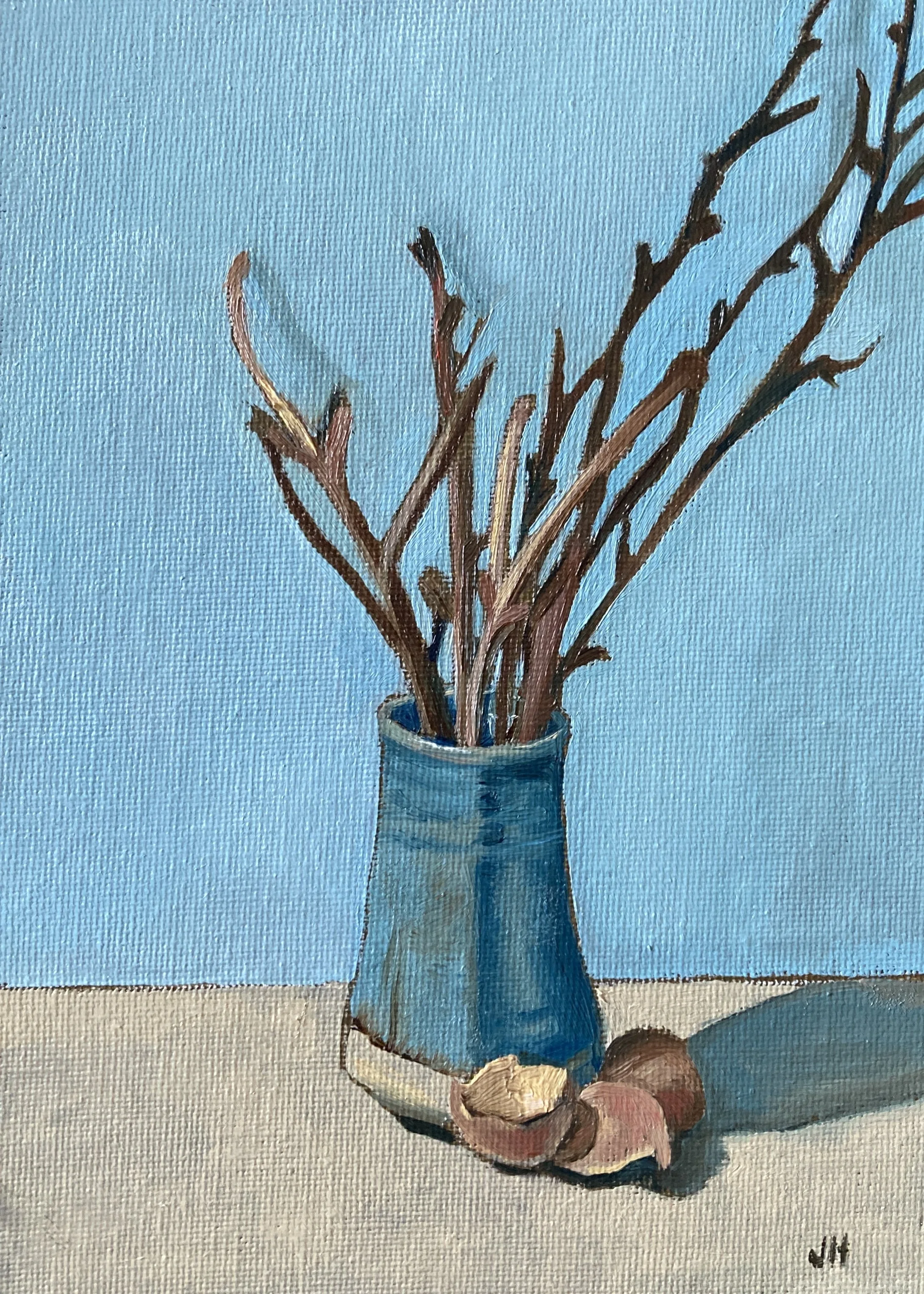 Twigs and Pheasant Eggshells  oil on canvas board  5" x 7" exc frame . £100 includes white wood frame