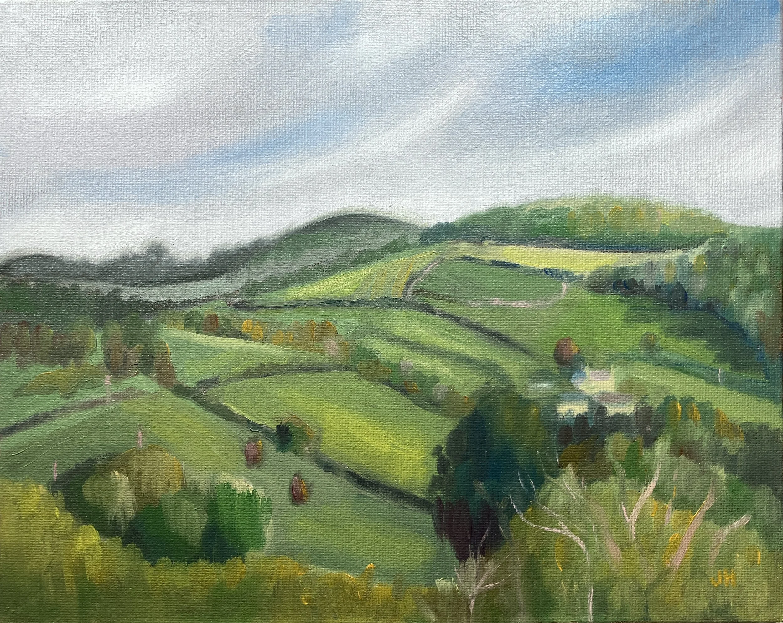 Across the Painswick Valley 10" x 8" oil on canvas board in white wood frame  £170
