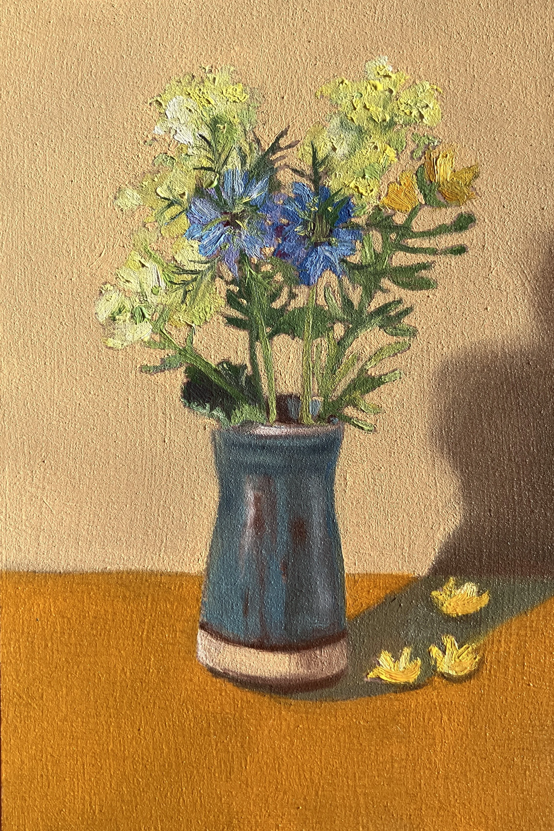 Nigella, Alchemilla Mollis and Lysimachia   oil on wood panel  4" x 6" 