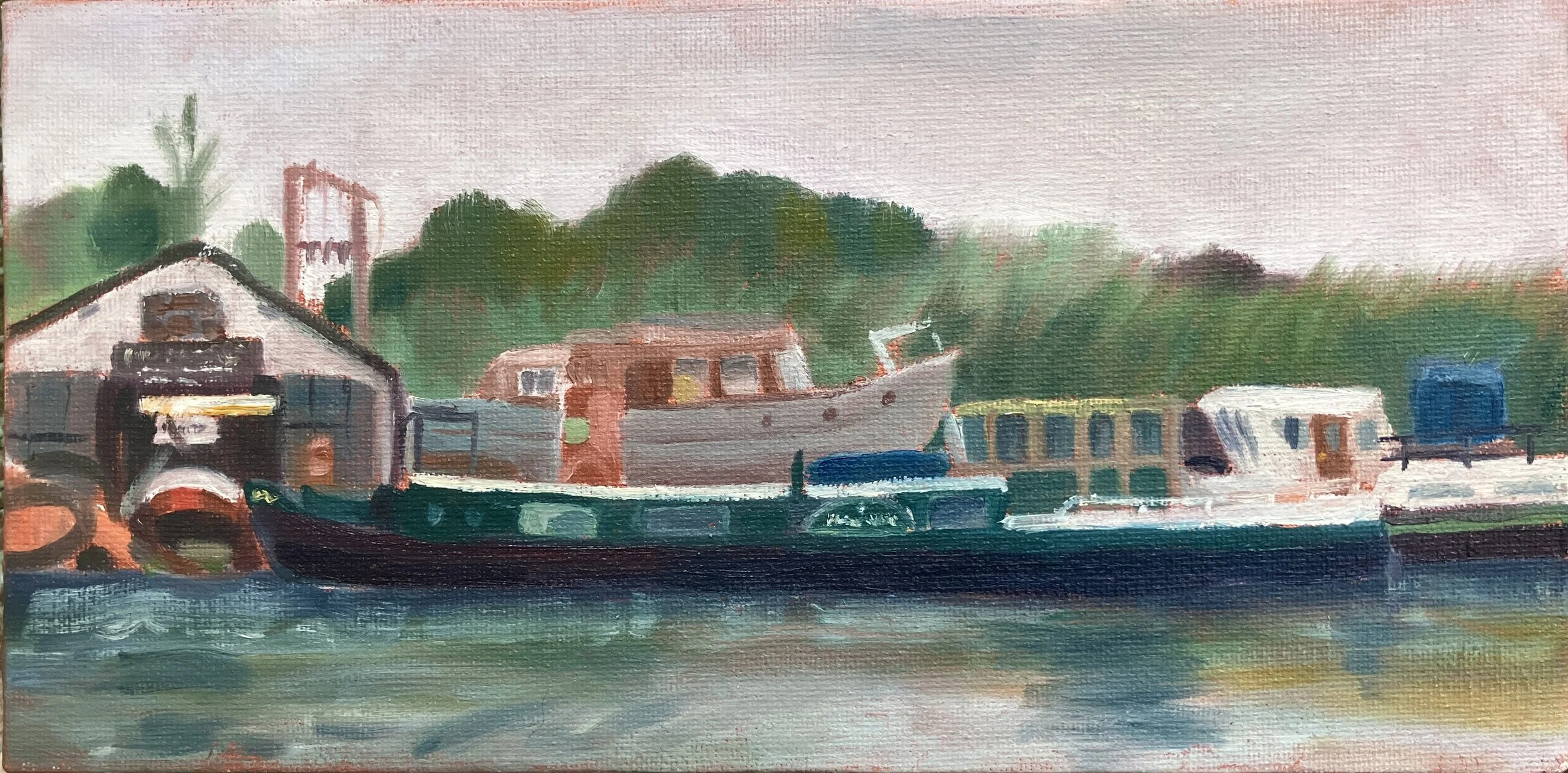 Boat Repairs at Saul Junction 10" x 5" oil on canvas board in white frame £120
