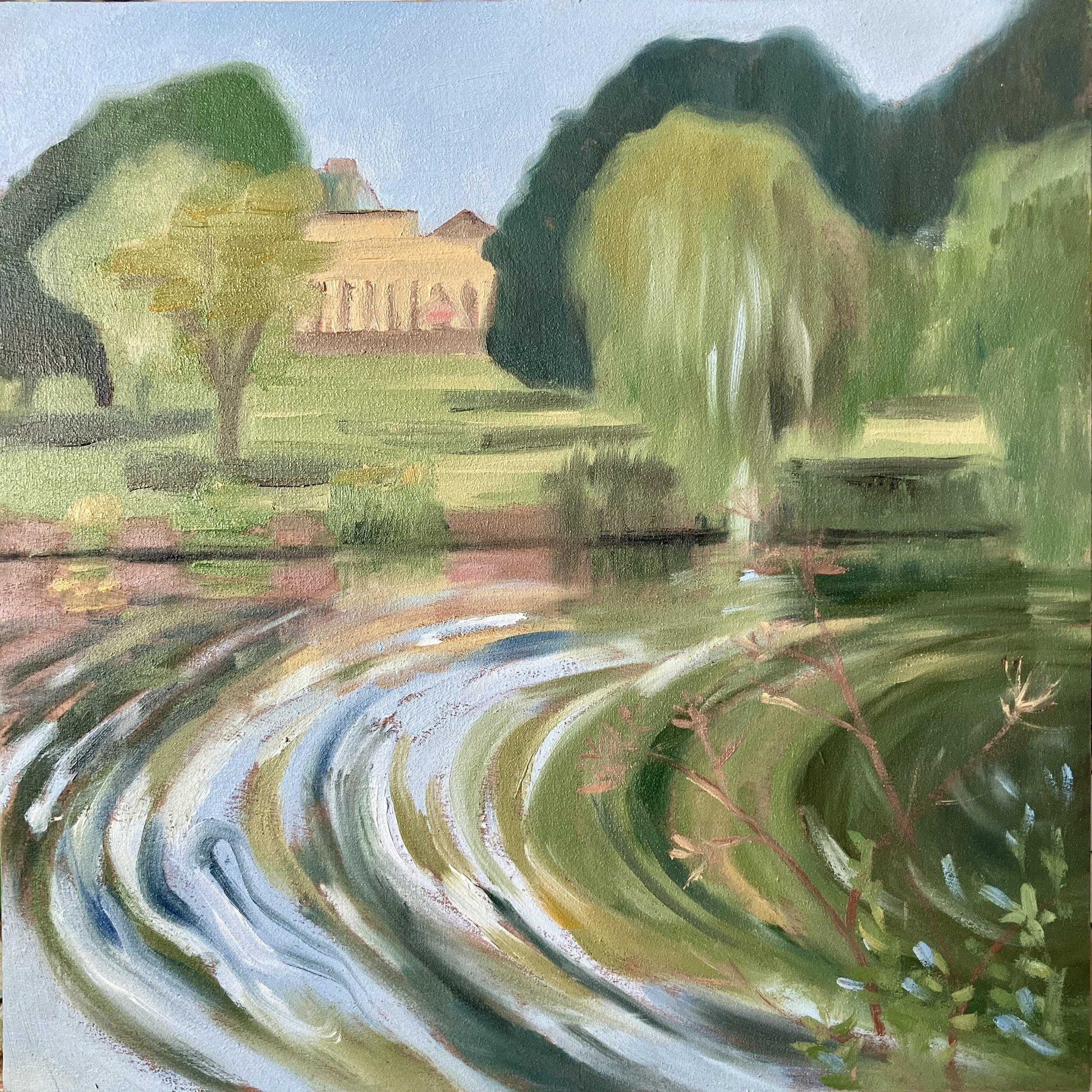 Ripples, Pittville Park  oil on wood panel 8" x 8" in white wood frame  £170
