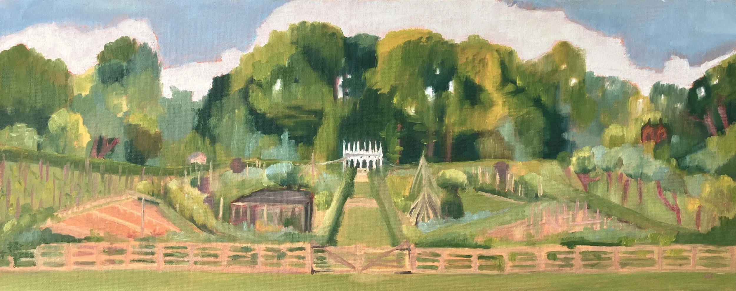 Painswick Rococo Kitchen Garden 20" x 8" oil on canvas board in oak frame £200