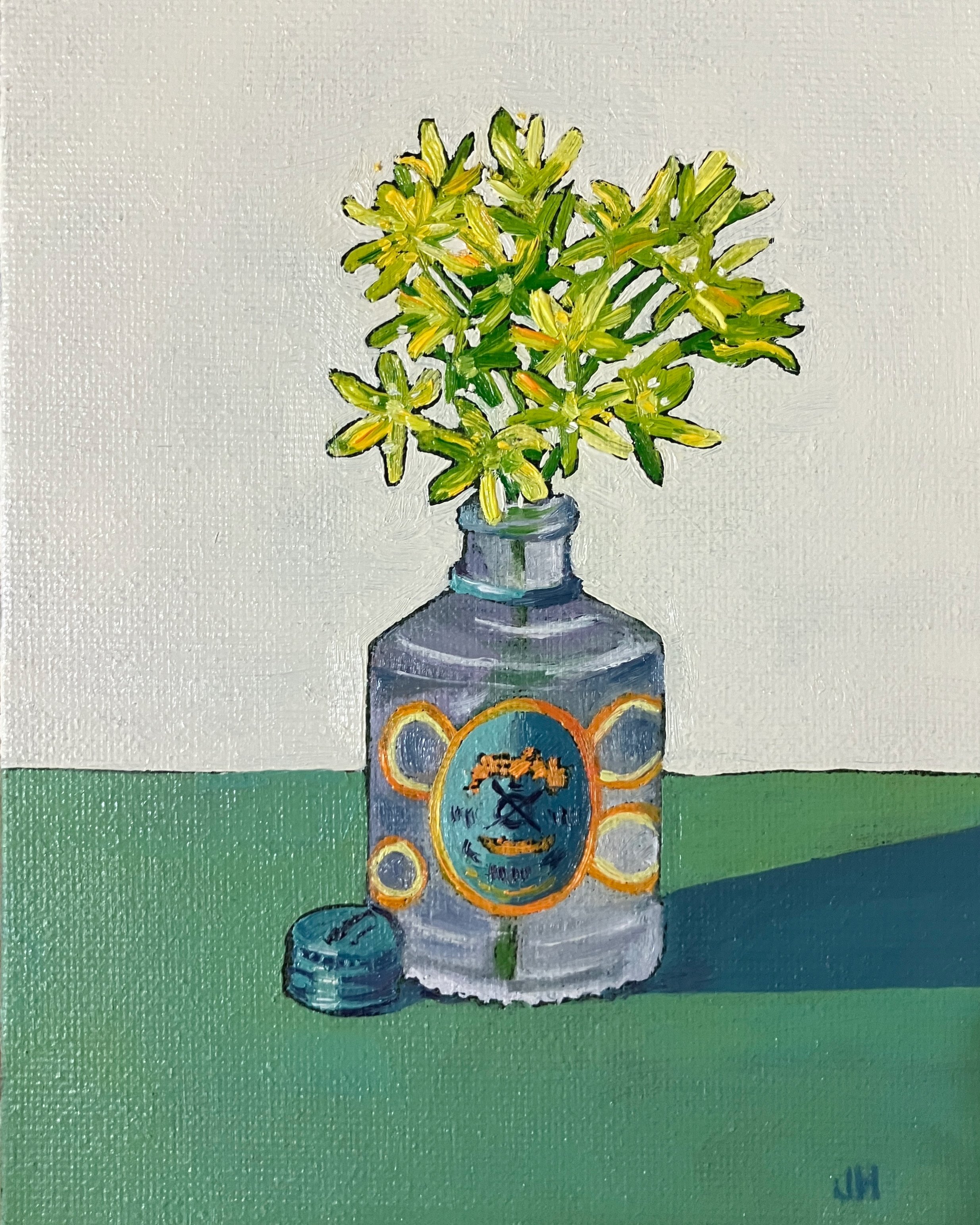 Yellow Alliums in Miniature Gin Bottle  Oil on canvas board  5" x 7" exc frame