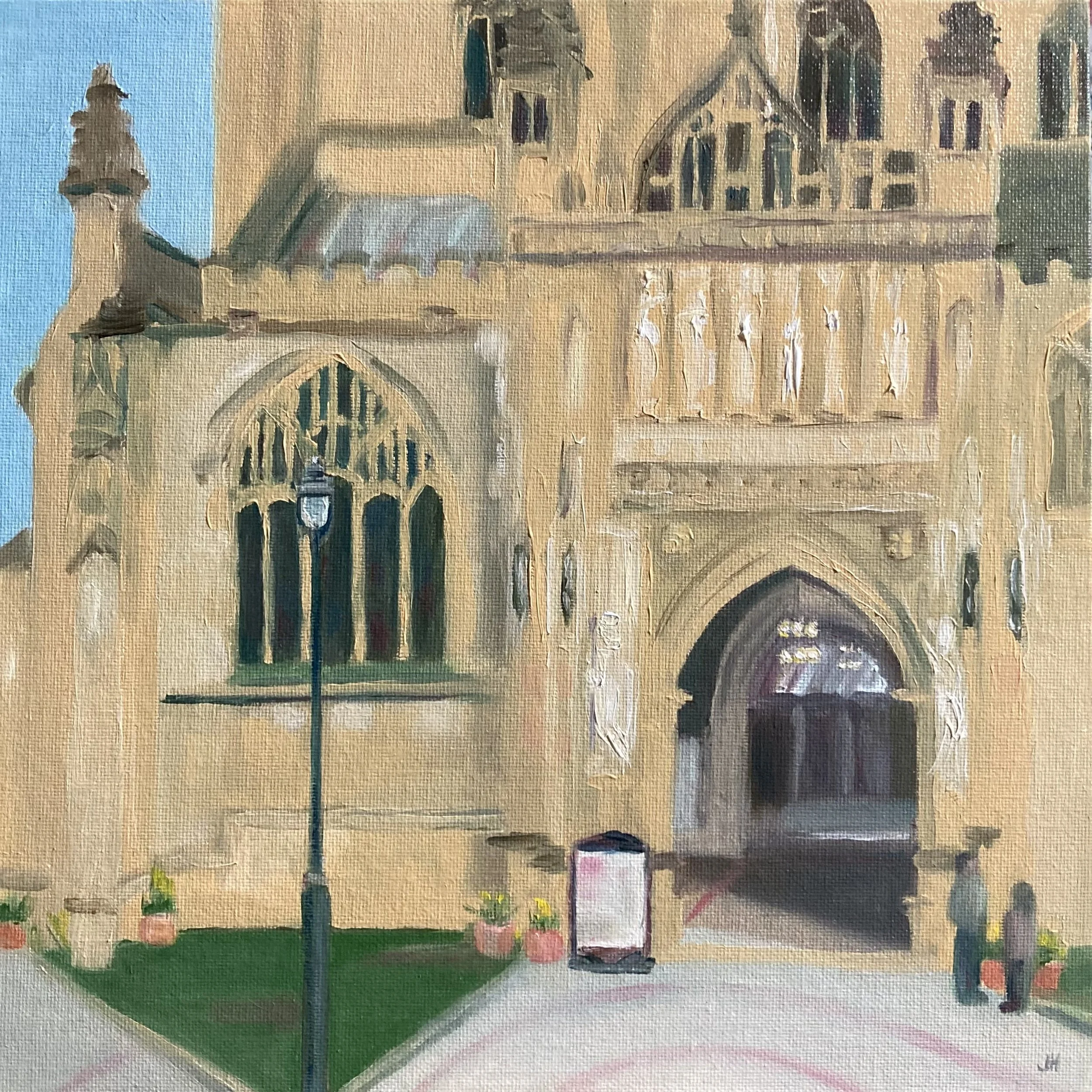 Gloucester Cathedral Welcome  10" x 10" exc frame.  Oil on canvas board