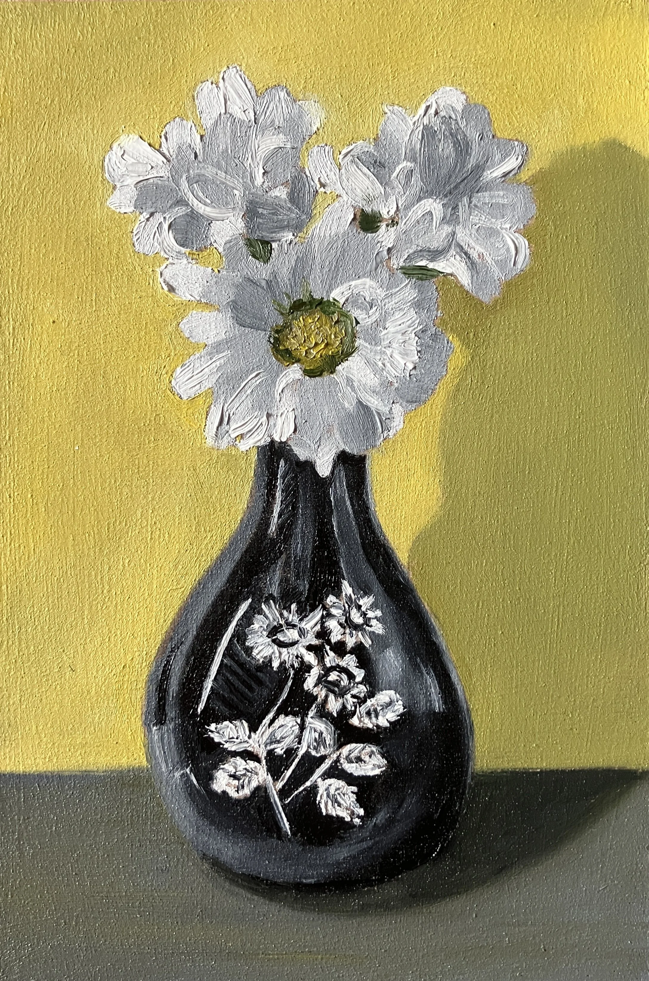 Chrysanthemums in Vintage Vase    oil on wood panel  4" x 6"