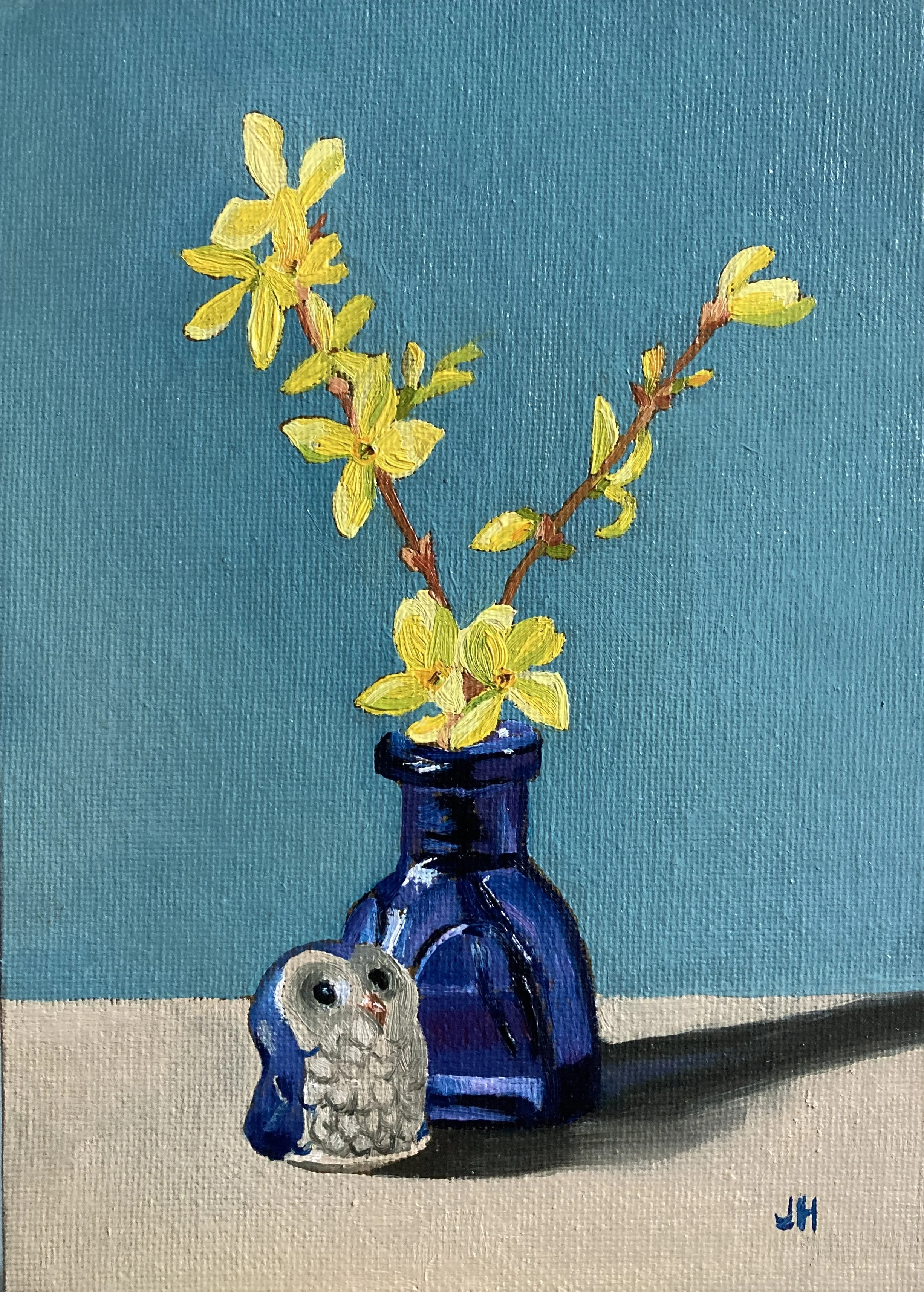 Forsythia and Owl   oil on canvas board  5" x 7" exc frame. £100 includes white wood frame