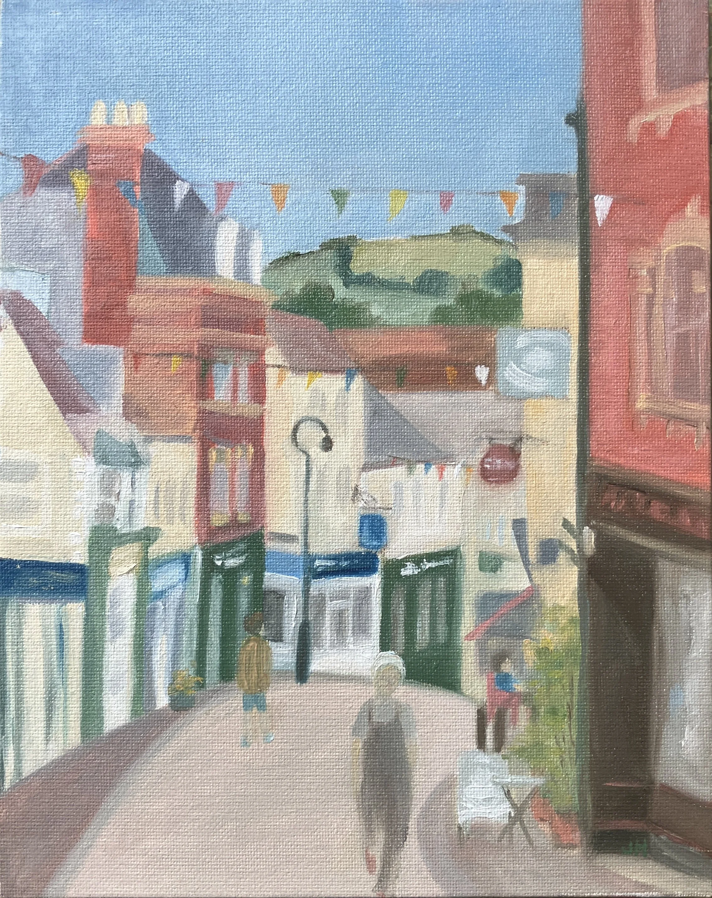 Stroud High Street oil on canvas board 8" x 10" in white wood frame £120