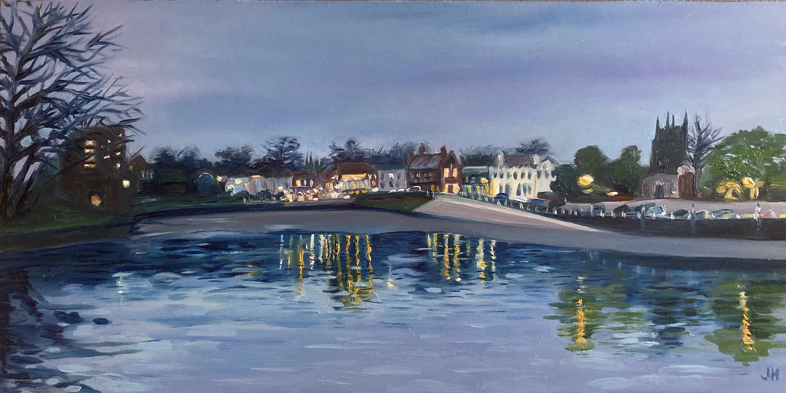 Thames by Twilight  oil on panel 6" x 12"  exc white wood frame