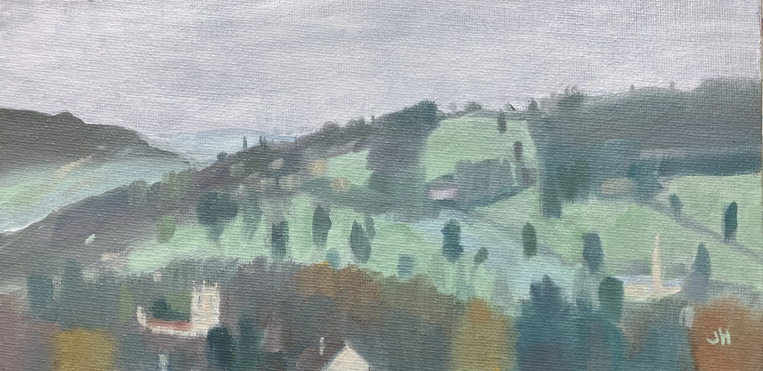 Rodborough Common from Westrip 10" x 5" oil on canvas board in white wood frame £120