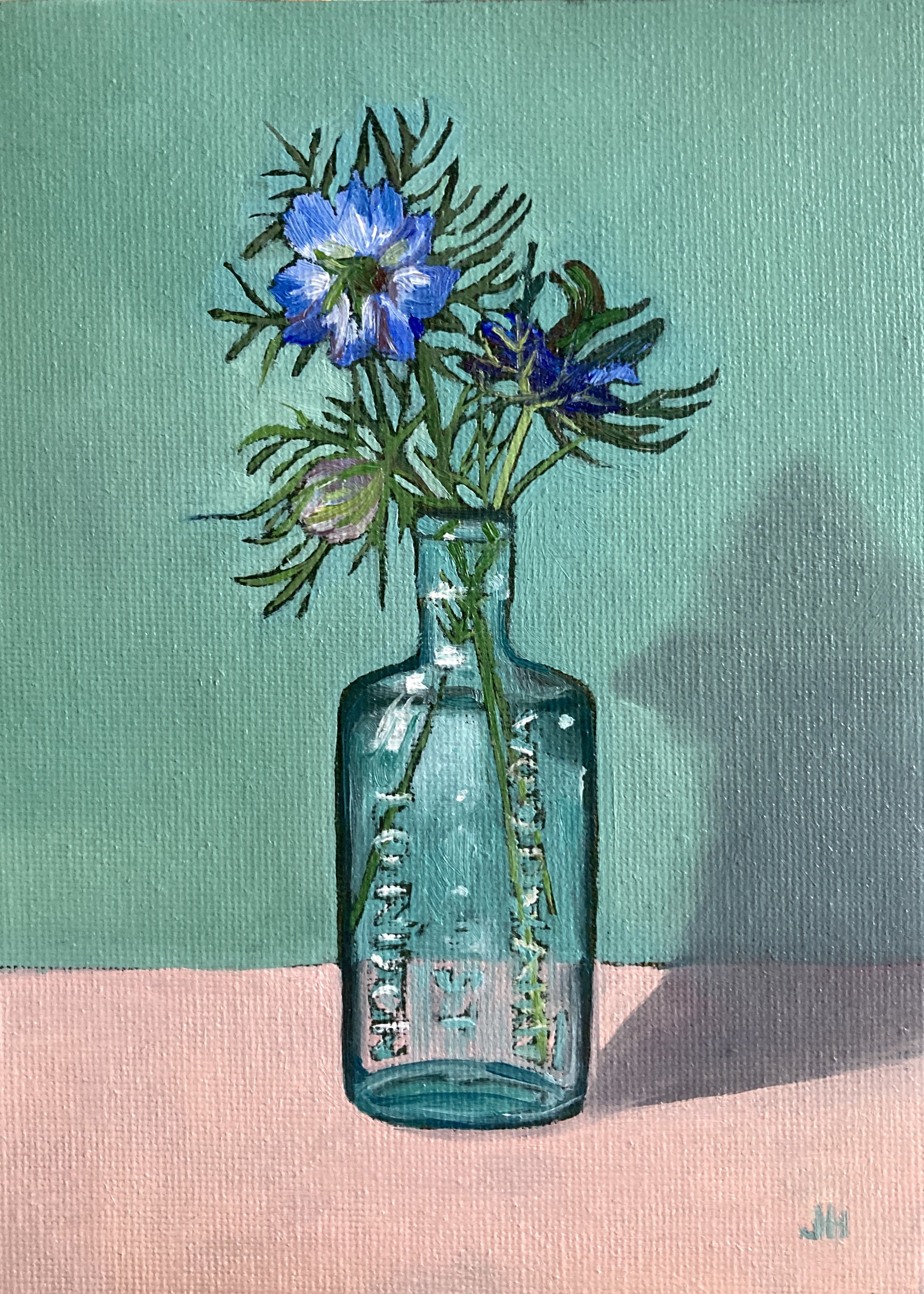 Nigella in Antique Bottle  oil on canvas board 5" x 7" exc frame. £100 includes white wood frame