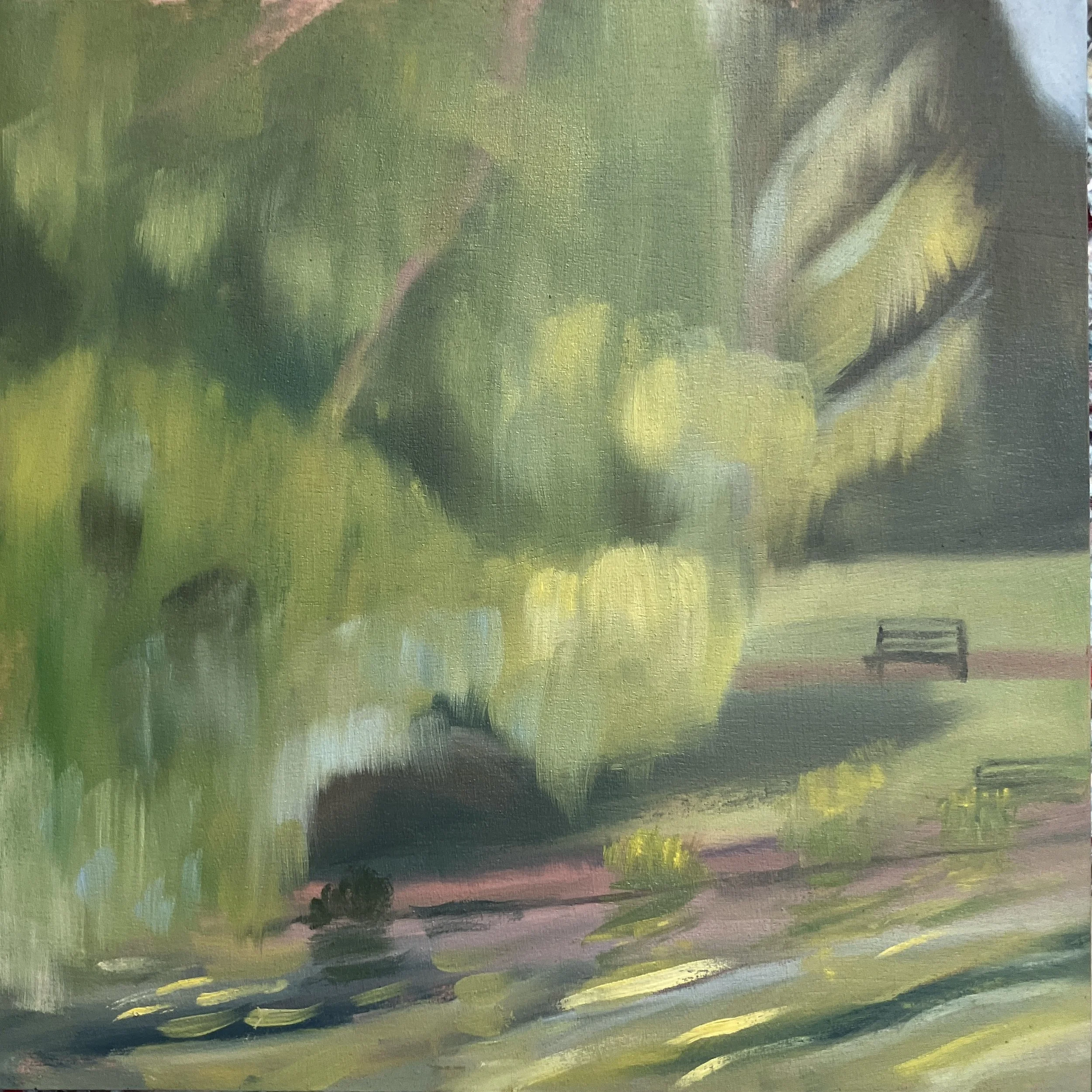 Pittville Park Impressions  oil on wood panel 8" x 8"  in white wood frame  £150