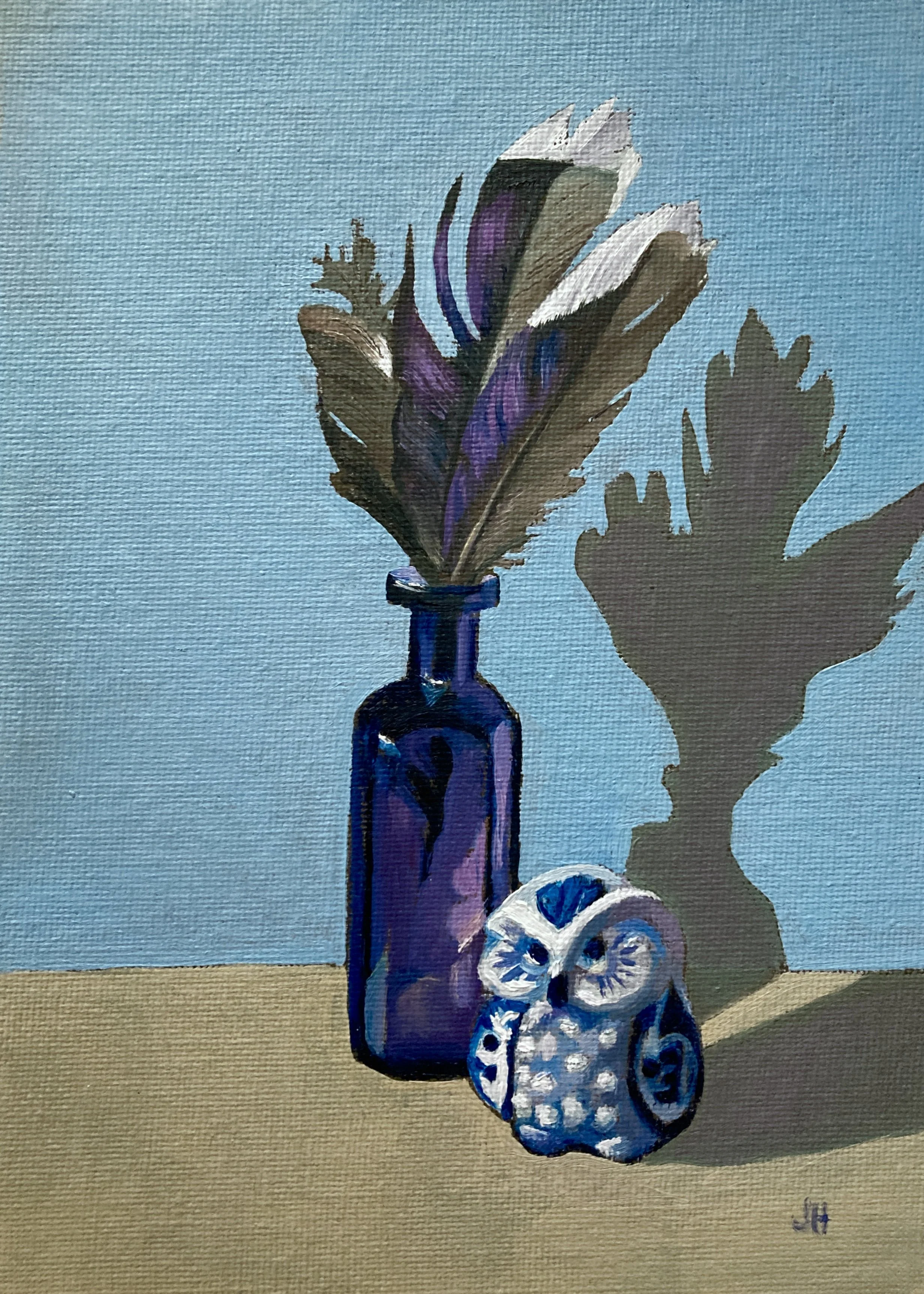 Magpie Feathers and Owl   oil on canvas board 5" x 7" exc frame.  £100 includes white wood frame