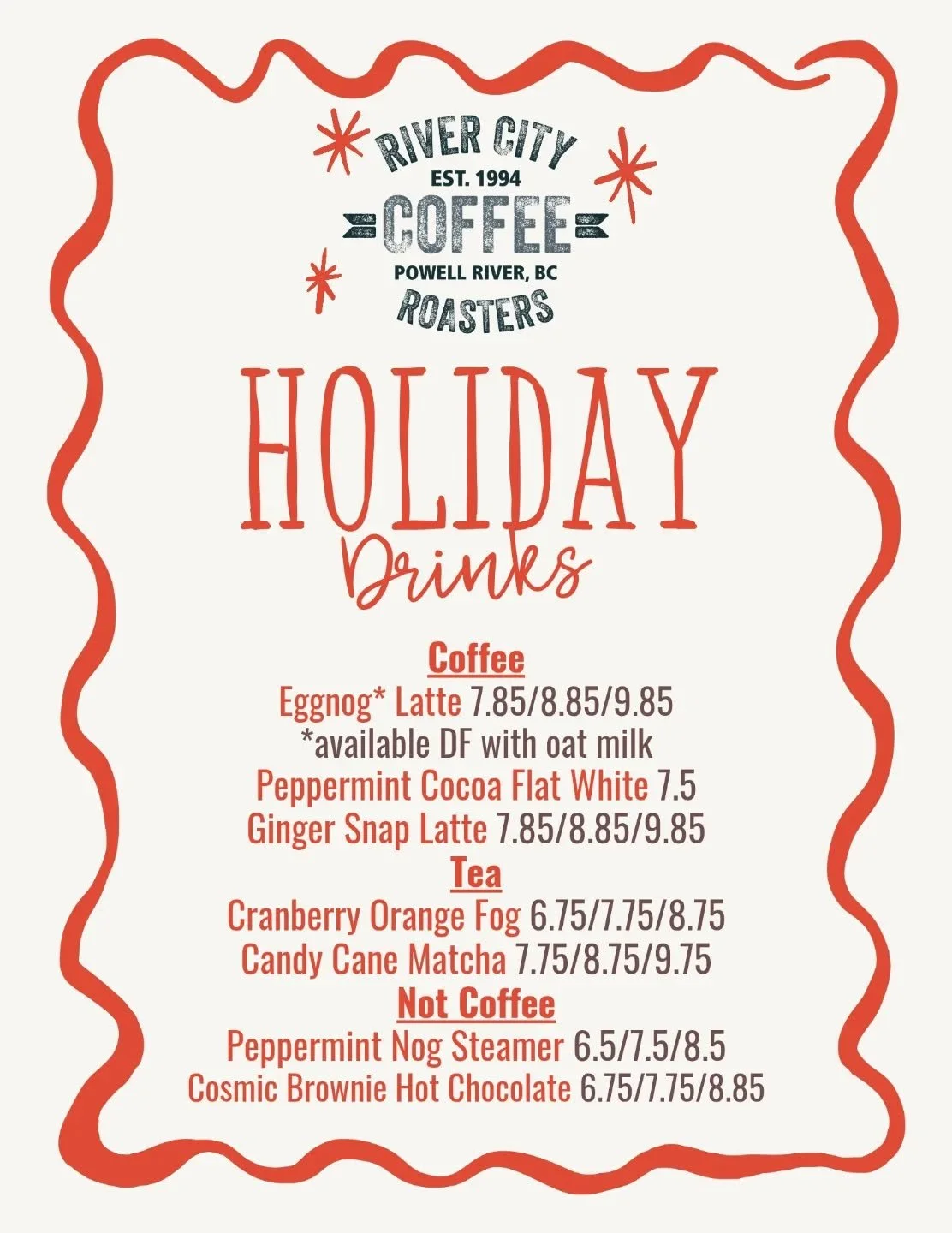 🎅🏼 Holiday Drink Specials 🧑🏽&zwj;🎄

🎄Eggnog Latte: real egg nog, house espresso, vanilla bean whipped cream, holiday sprinkles.

🍬Peppermint Cocoa Flat White: lightly sweet, dark chocolate with house made peppermint syrup and fair trade cocoa.