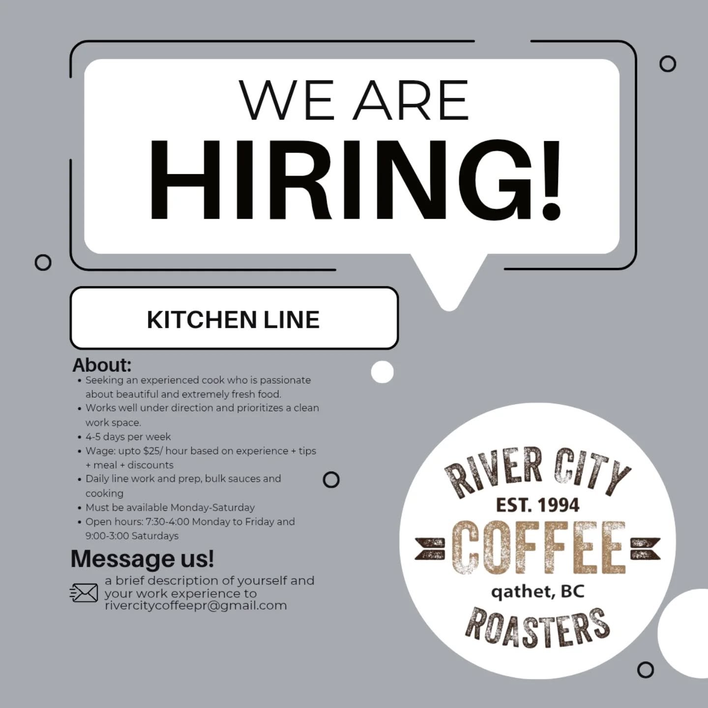 WE&rsquo;RE HIRING! 👩&zwj;🍳🔥

River City Coffee Roasters is looking for an experienced Kitchen Line Cook to join our team!

We&rsquo;re looking for someone who is passionate about beautiful, fresh food, works well under direction, and takes pride 
