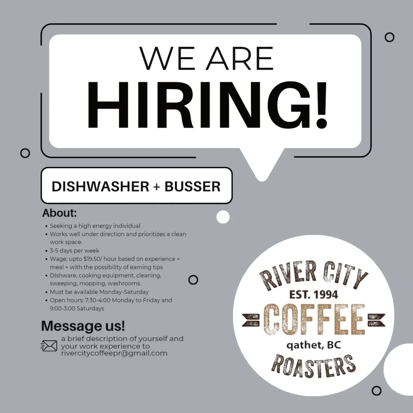 WE&rsquo;RE HIRING: DISHWASHER

River City Coffee is looking for a high-energy individual to join our team as a Dishwasher.

We&rsquo;re seeking someone who:
Works well under direction
Takes pride in a clean, organized workspace
Can keep up in a fast