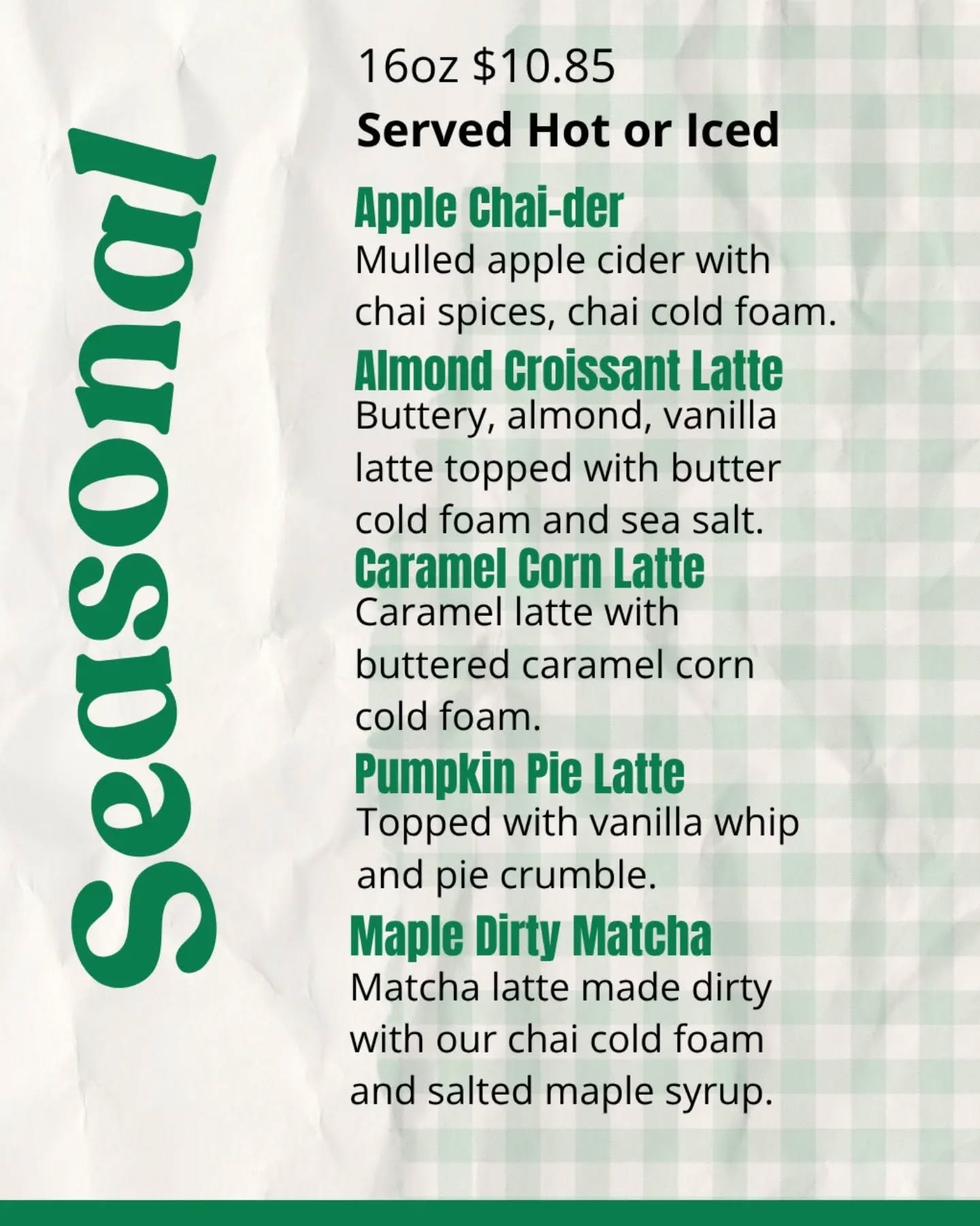 Falling for Fall 🍁 

Fall 2.0 menu it out now! 

We love Fall drinks, but they never last long... Christmas, holiday drinks launching in November. Enjoy our Fall favourites for one more month! 

See you soon!