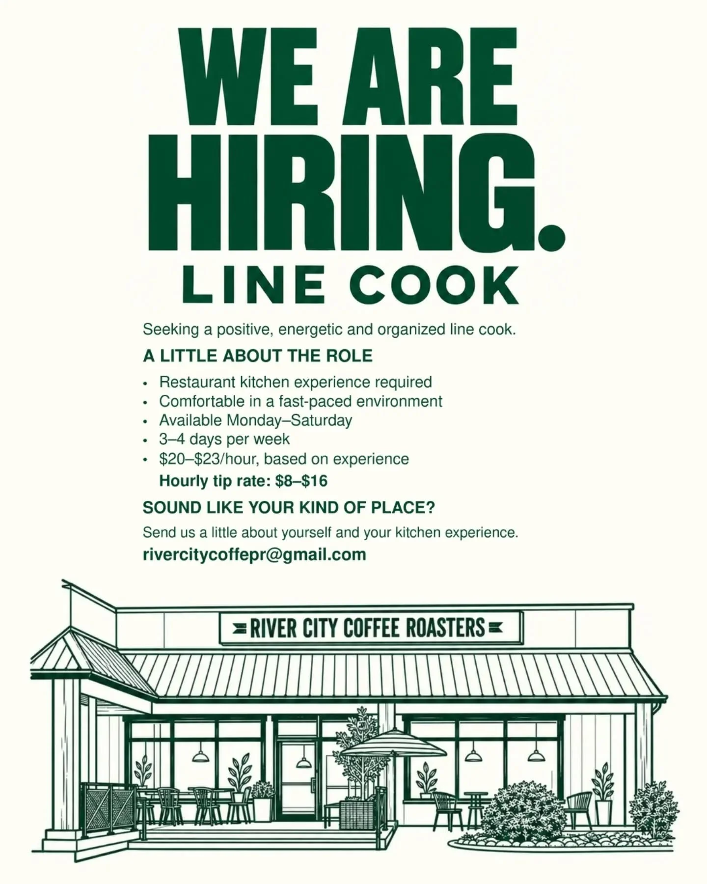 We&rsquo;ve got the coffee covered. You bring the kitchen skills. ☕

We&rsquo;re hiring a positive, energetic and organized line cook to join our River City crew. Restaurant kitchen experience, pride in your food and a good rhythm during a busy servi