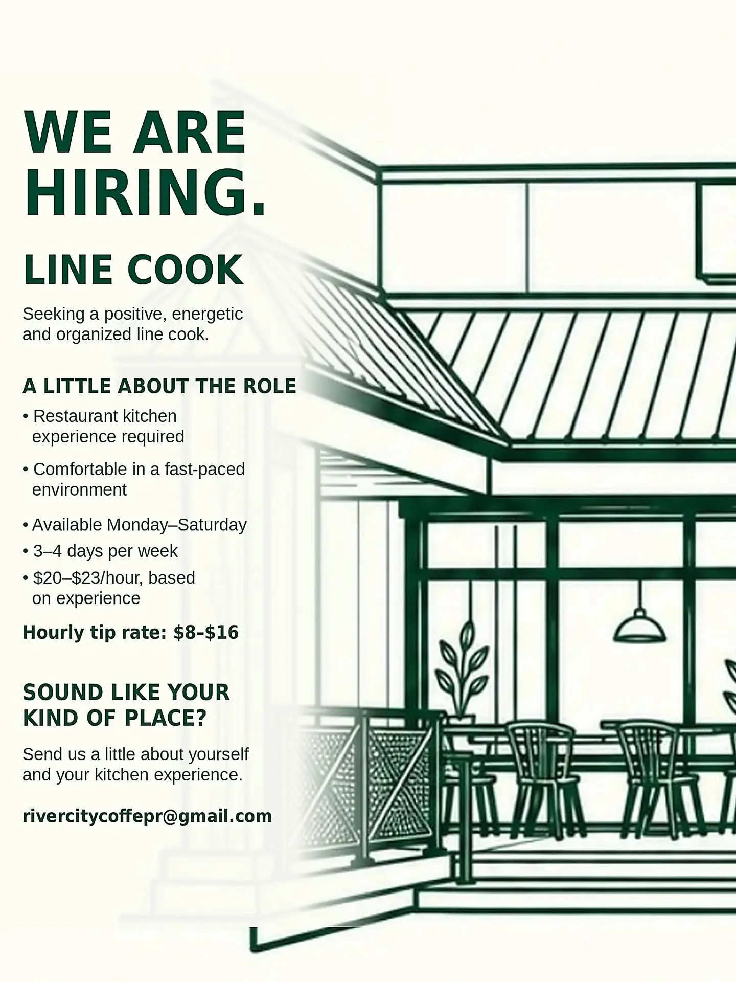 We&rsquo;ve got the coffee covered. You bring the kitchen skills. ☕

We&rsquo;re hiring a positive, energetic and organized line cook to join our River City crew. Restaurant kitchen experience, pride in your food and a good rhythm during a busy servi