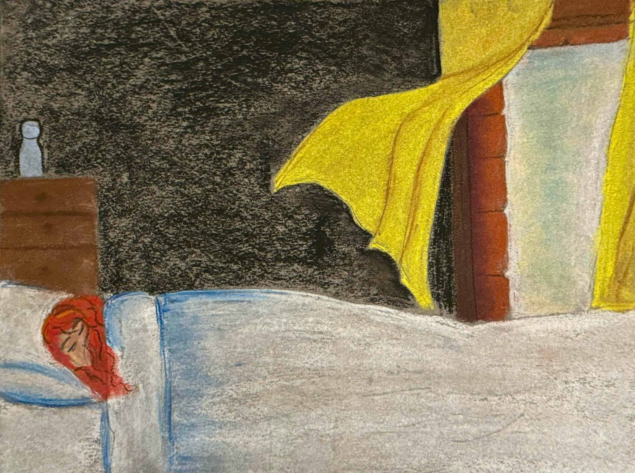 Drawing of a woman with red hair in bed with eyes closed. There is a window with a brown frame and yellow curtains in the background.