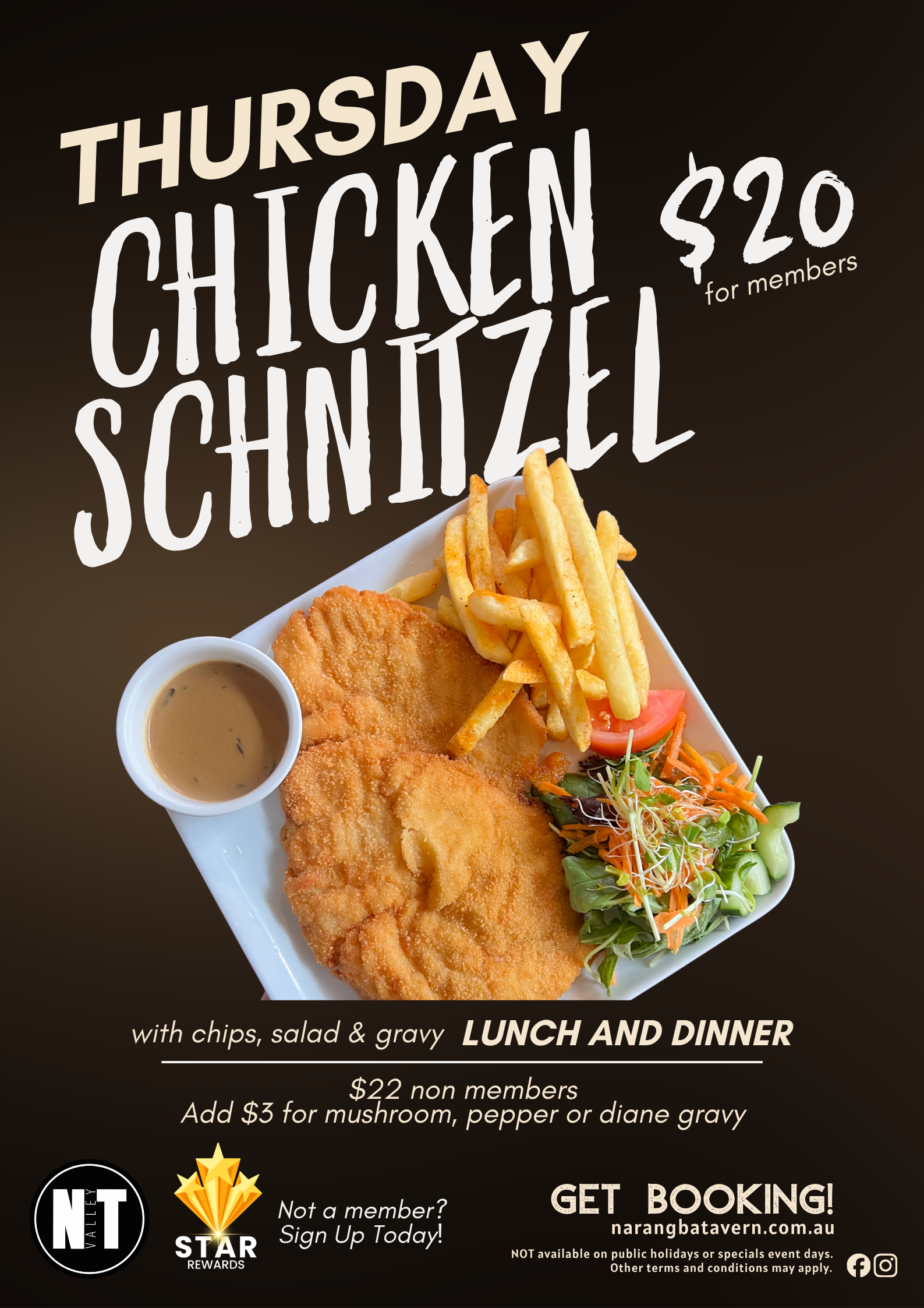 Golden crumbed chicken schnitzel served with chips and salad, promoting the Thursday $20 members deal.