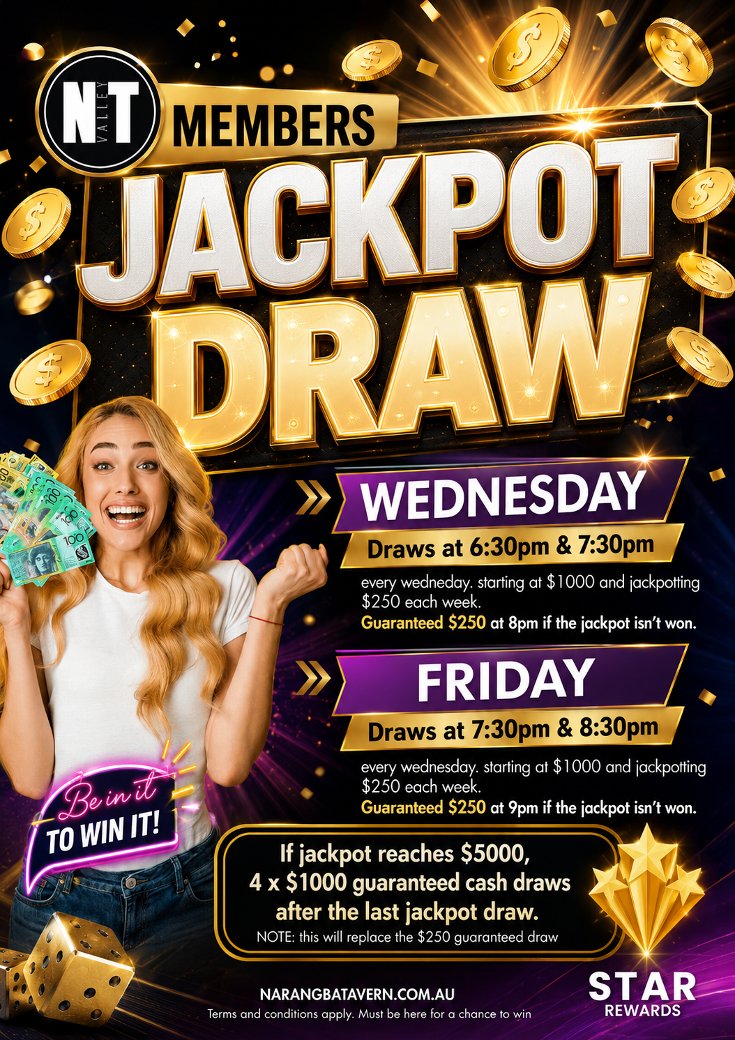 Poster advertising a jackpot draw event at NVT Members. The poster features gold coins spilling from the top, a woman with long blonde hair holding Australian banknotes and smiling. It provides details about jackpot draws on Wednesday and Friday even