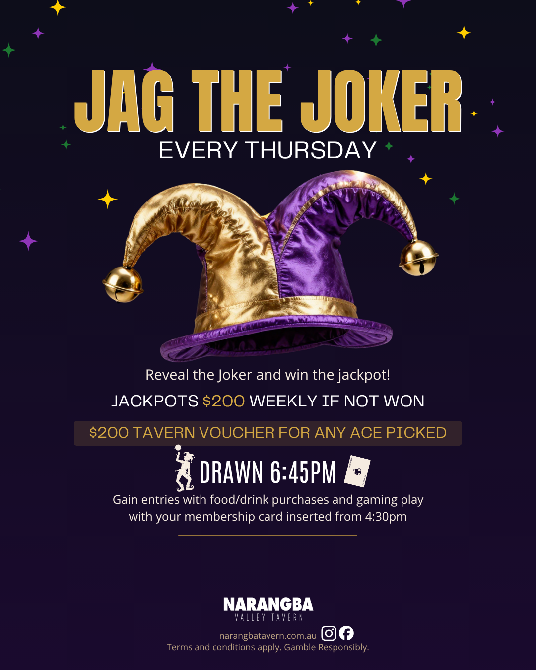 A promotional poster advertising a Jag the Joker Promotion. The promotion is held at Narangba Valley Tavern on Thursday, with entries earned through food, drink purchases, and gaming play, and the draw is at 7:45pm.