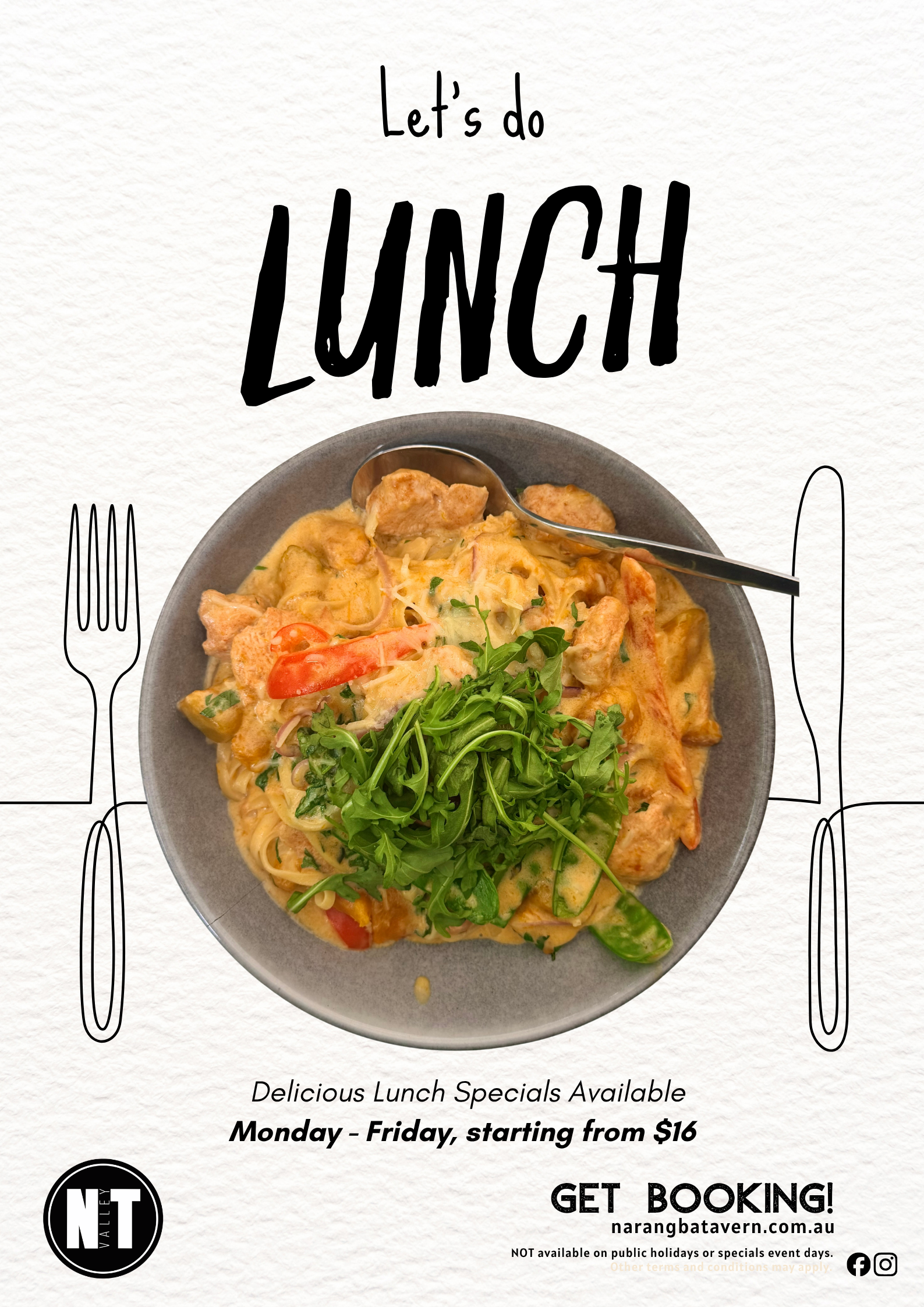 Assorted lunch specials including pub‑style meals, featured for weekday lunch deals at Narangba Valley Tavern.