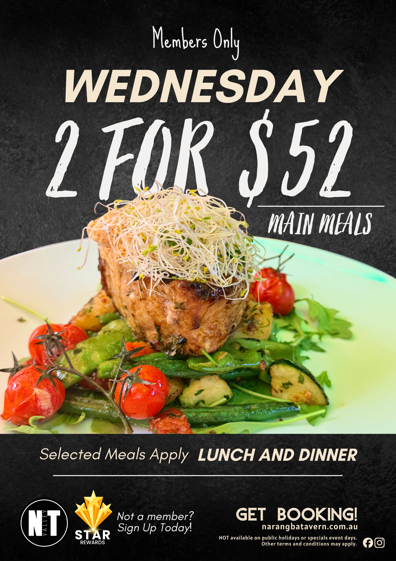 Promotional graphic advertising the Wednesday Members 2‑for‑$52 meal deal