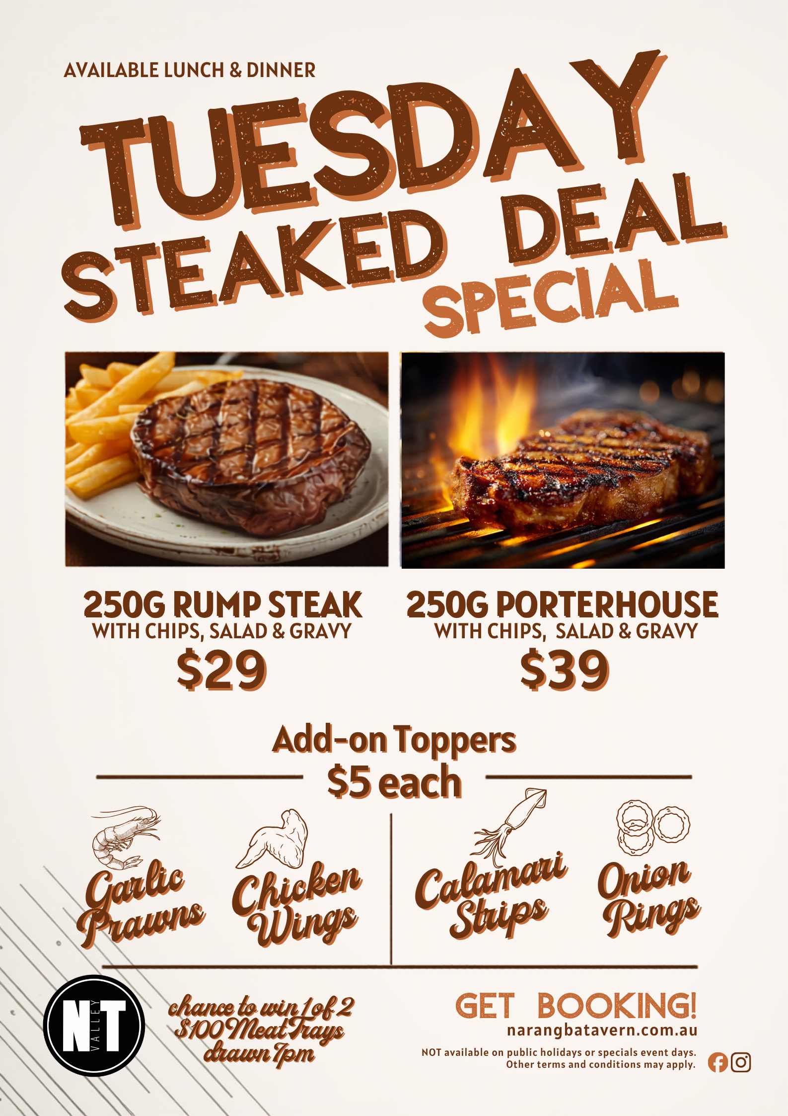 Juicy grilled steak plated with chips and salad, featured for the Tuesday steak special at Narangba Valley Tavern.