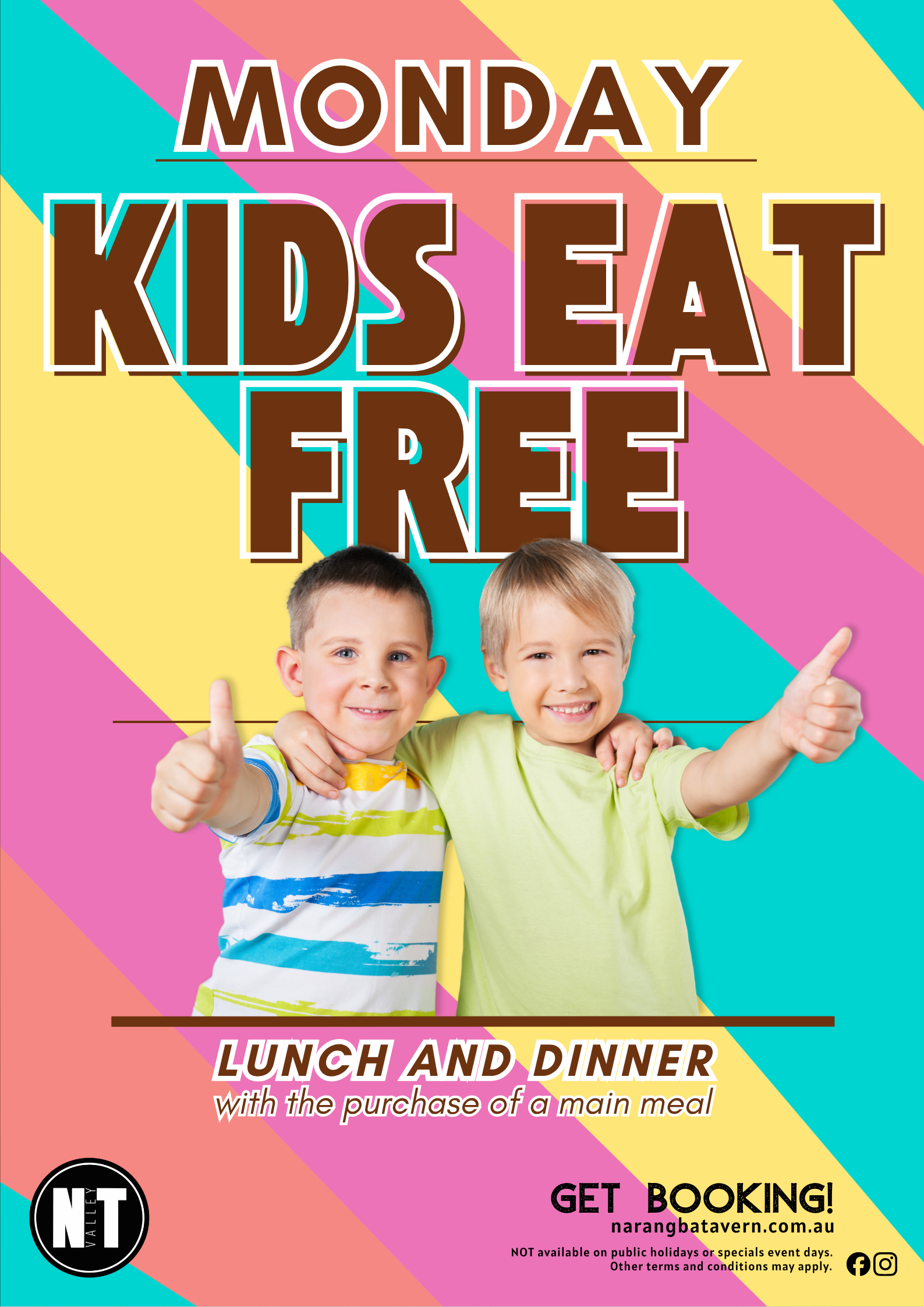 Colourful Kids Eat Free Monday promo with fun graphics and kids’ meals.