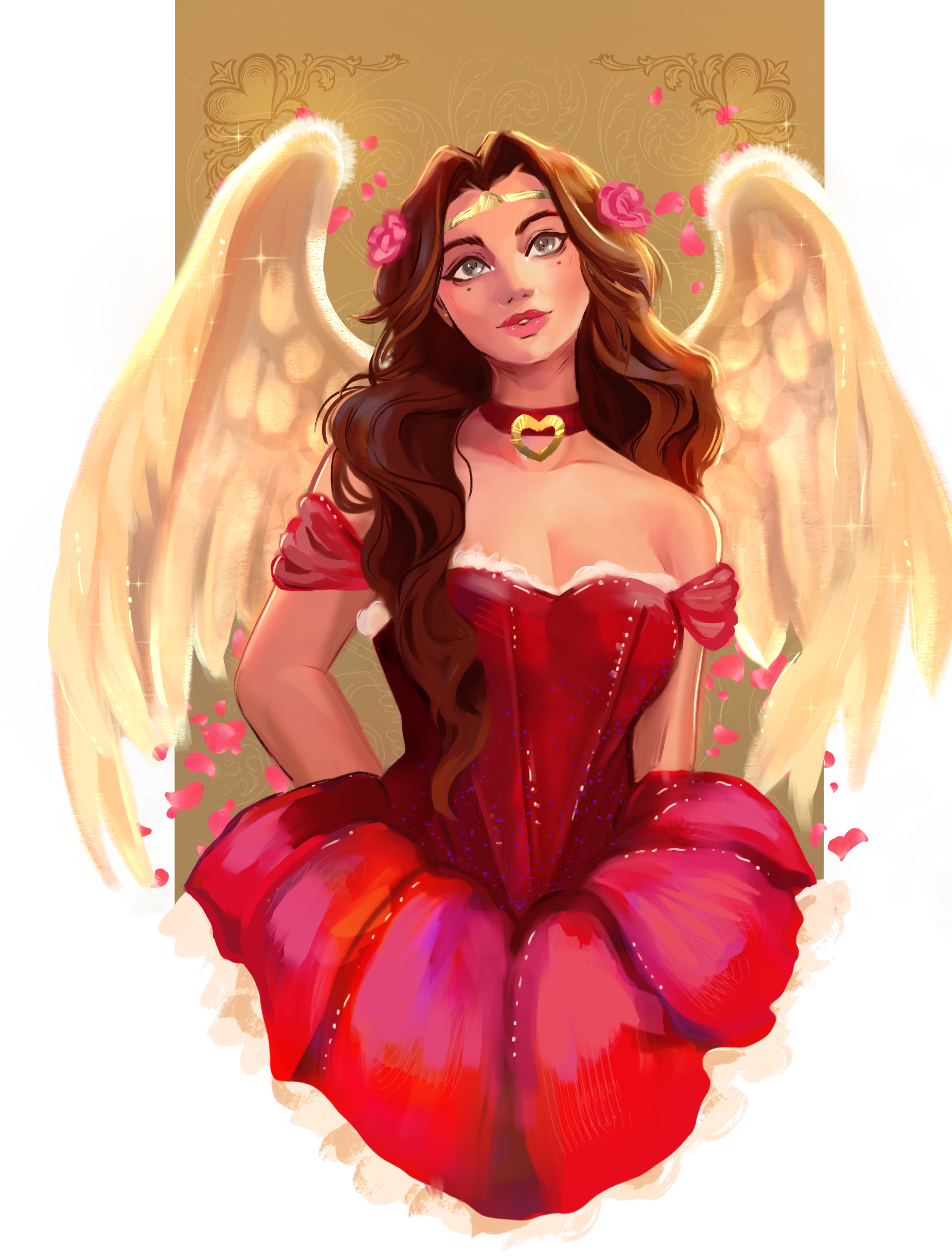 Woman with wings and brown hair wearing a red dress