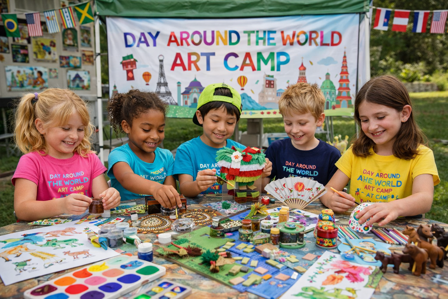 Children participate in an art activity at an outdoor camp with a colorful banner titled 'Day Around the World Art Camp' and various flags of different countries displayed in the background.