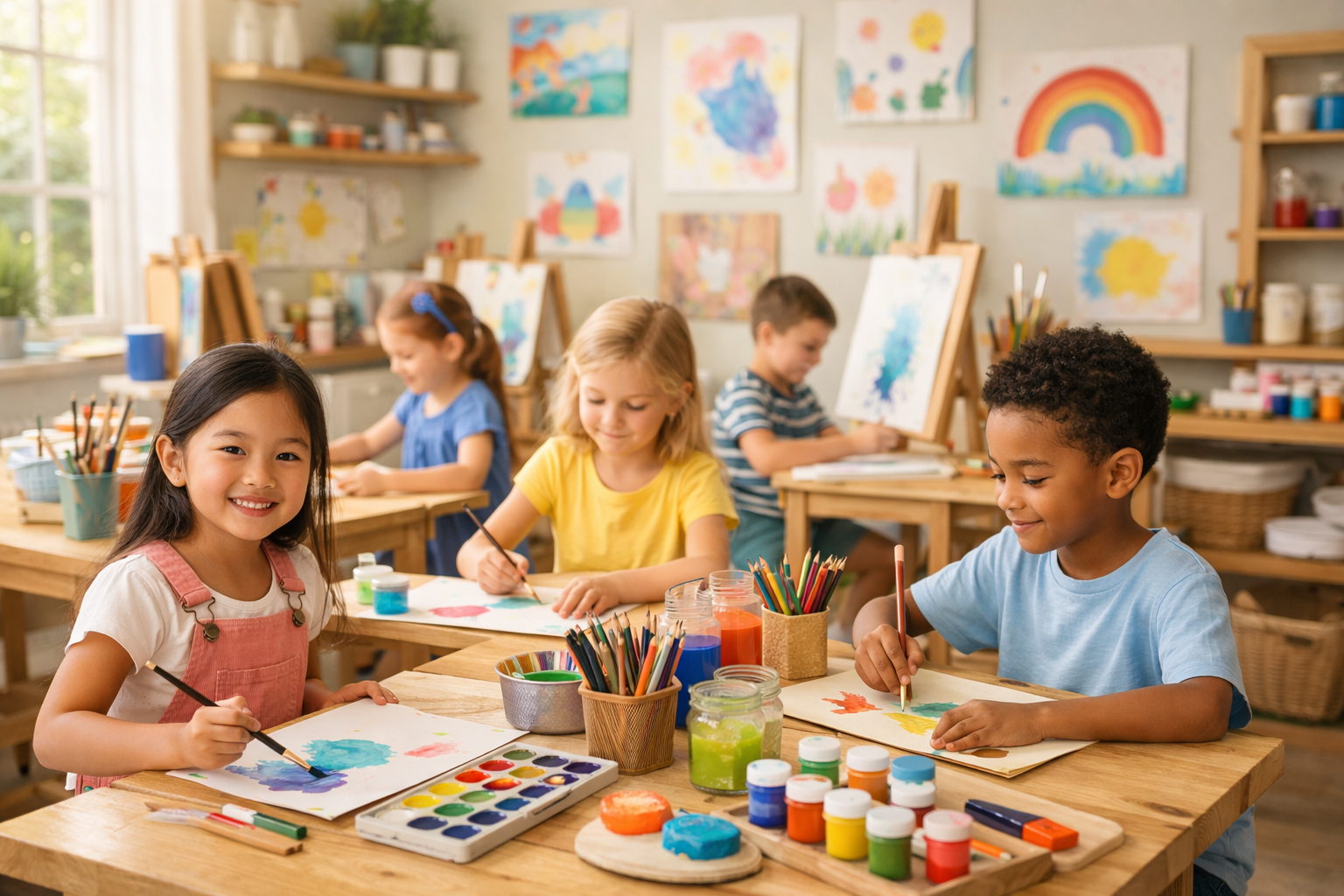 Children painting with watercolors in an art classroom filled with children's artwork and art supplies.